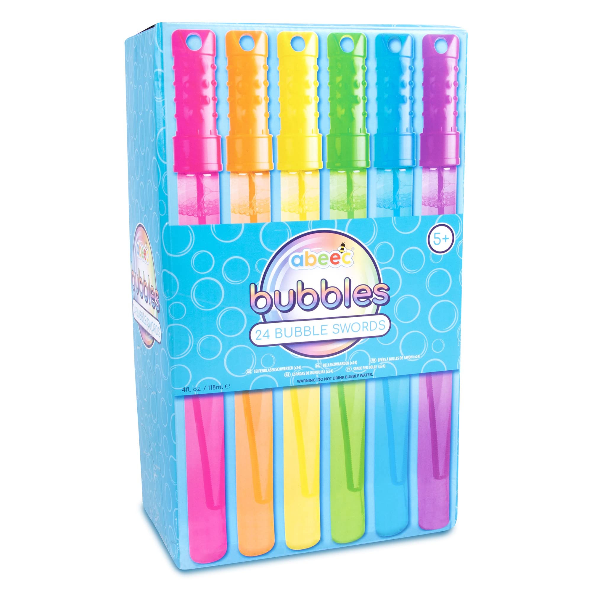 abeec 24 Pack Bubble Wands for Kids | Bubble Swords Multipack 118ml Solution Included | 6 Colours in Storage Box | Party Bag Fillers, Wedding Favours, Outdoor Toys Ages 3+