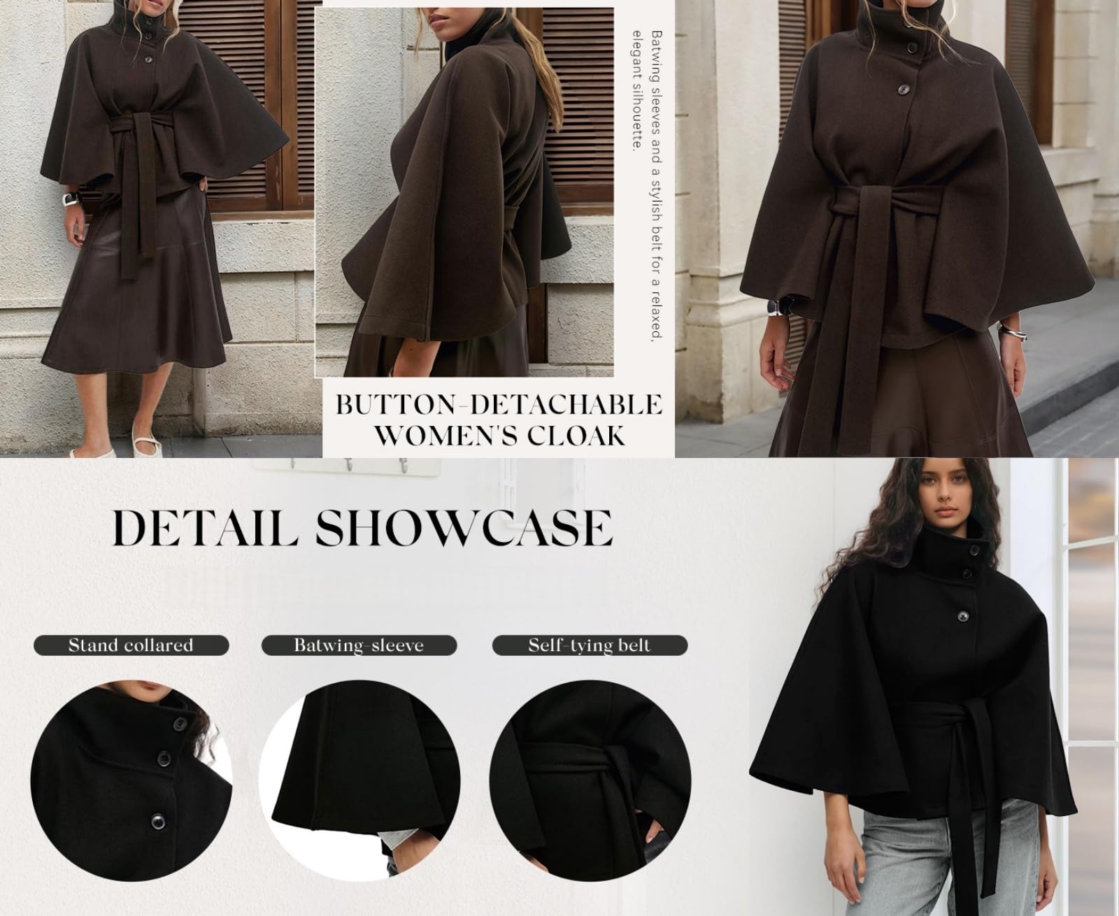 Generisch Poncho de lana con mangas de murciélago para mujer, con cinturón, cuello alto, chaqueta de capa corta