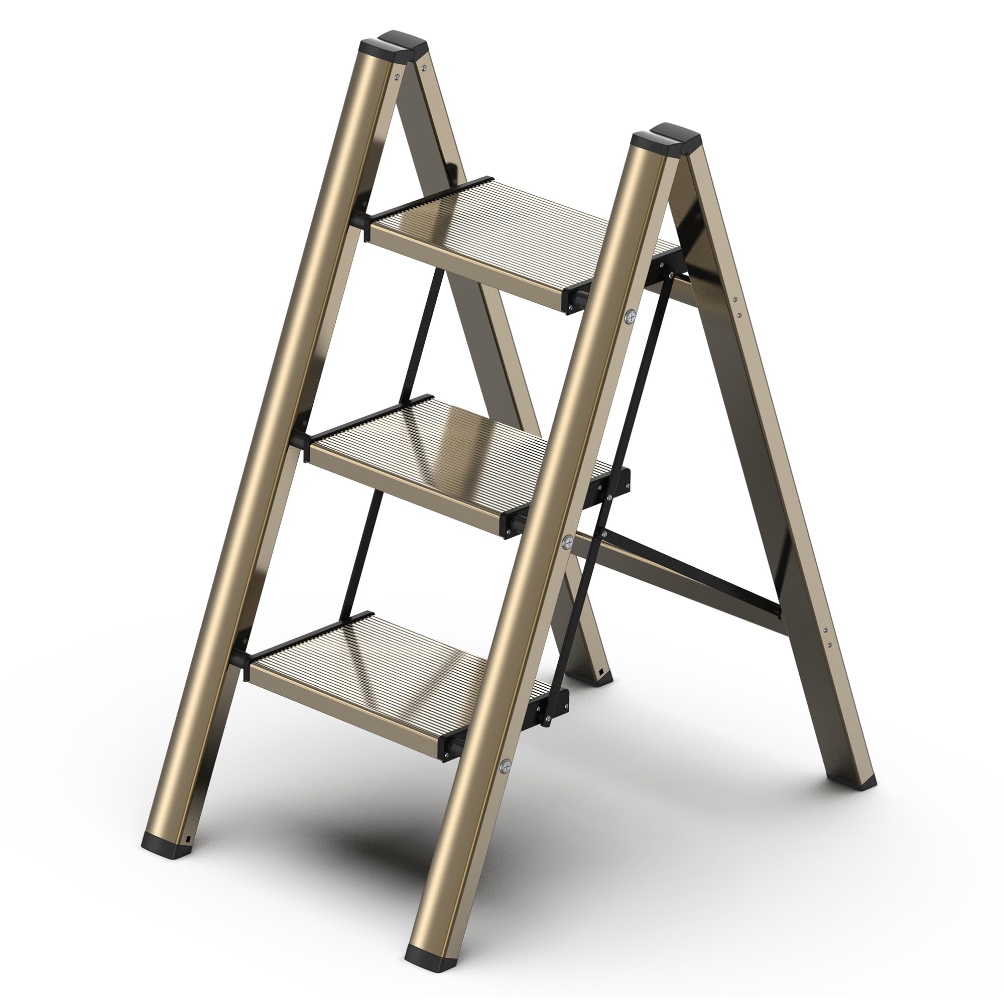 GameGem 3 Step Ladder, Folding Step Stool With Anti-Slip Wide Pedal, Aluminum Material Lightweight Yet Sturdy, 150 KG Load, Cute Modern Apperance For Indoor Household Spaces, Cream Chocolate