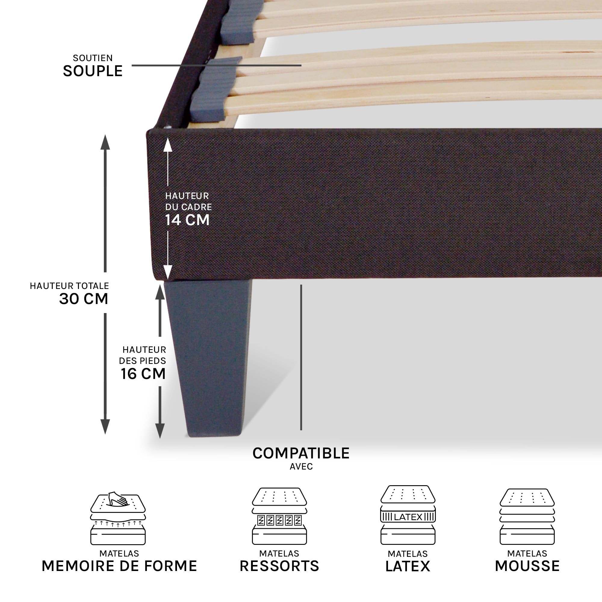 Olympe Literie | Sommier à Lattes en Bois 200x200 cm avec Pieds – Cadre de Lit Robuste et Stable – Hauteur 30 cm – Facile à Monter – Gris Anthracite
