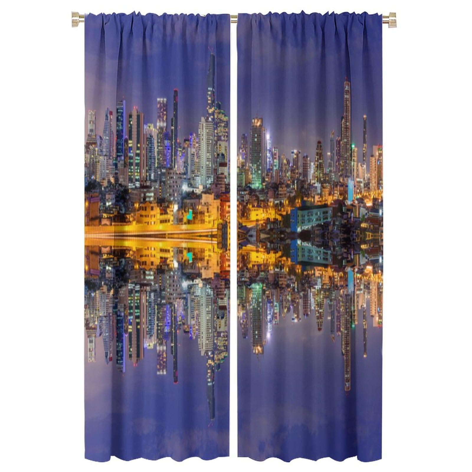 Landscape Curtains, Cityscape Scenery of New York City at Midnight USA Ocean Reflection Coast Photo for Bedroom Living Room Darkening Window Drapes 2 Panels 42x63in