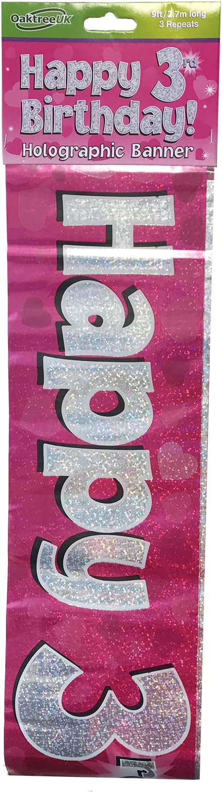 9ft Banner Happy 3rd Birthday Pink holographic