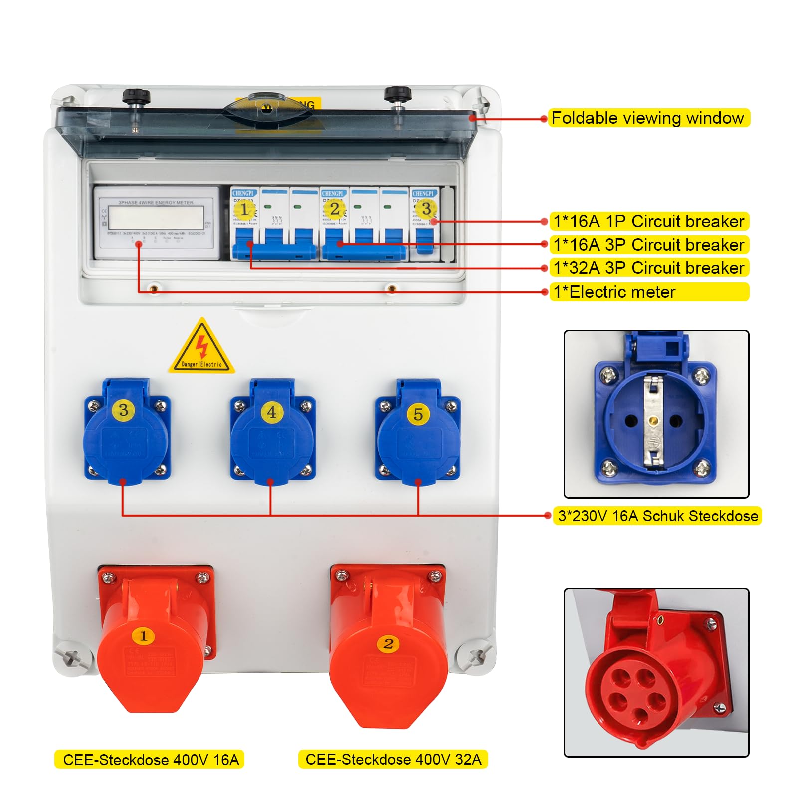 Baustromverteiler,IP65 Wasserdicht Stromverteiler mit Leitungsschutzschalter und Stromzähler,Wandverteiler mit IP54 230V/16A Schuko Steckdose und 380V/16A CEE Steckdose,Ramped Socket Box