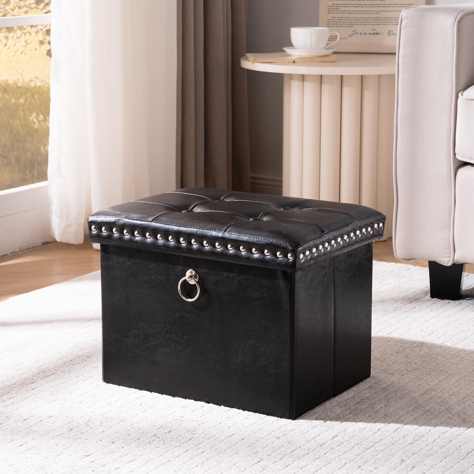 oakvivo Small 16 x 12 x12 Inches Folding Storage Ottoman, Faux Leather Foot Rest Stool with Rivet Design, Ottoman with Storage Vanity Stool Coffee Table for Living Room, Bedroom, Load 242 lbs, Green: Black 12"D x 16"W x 12"H
