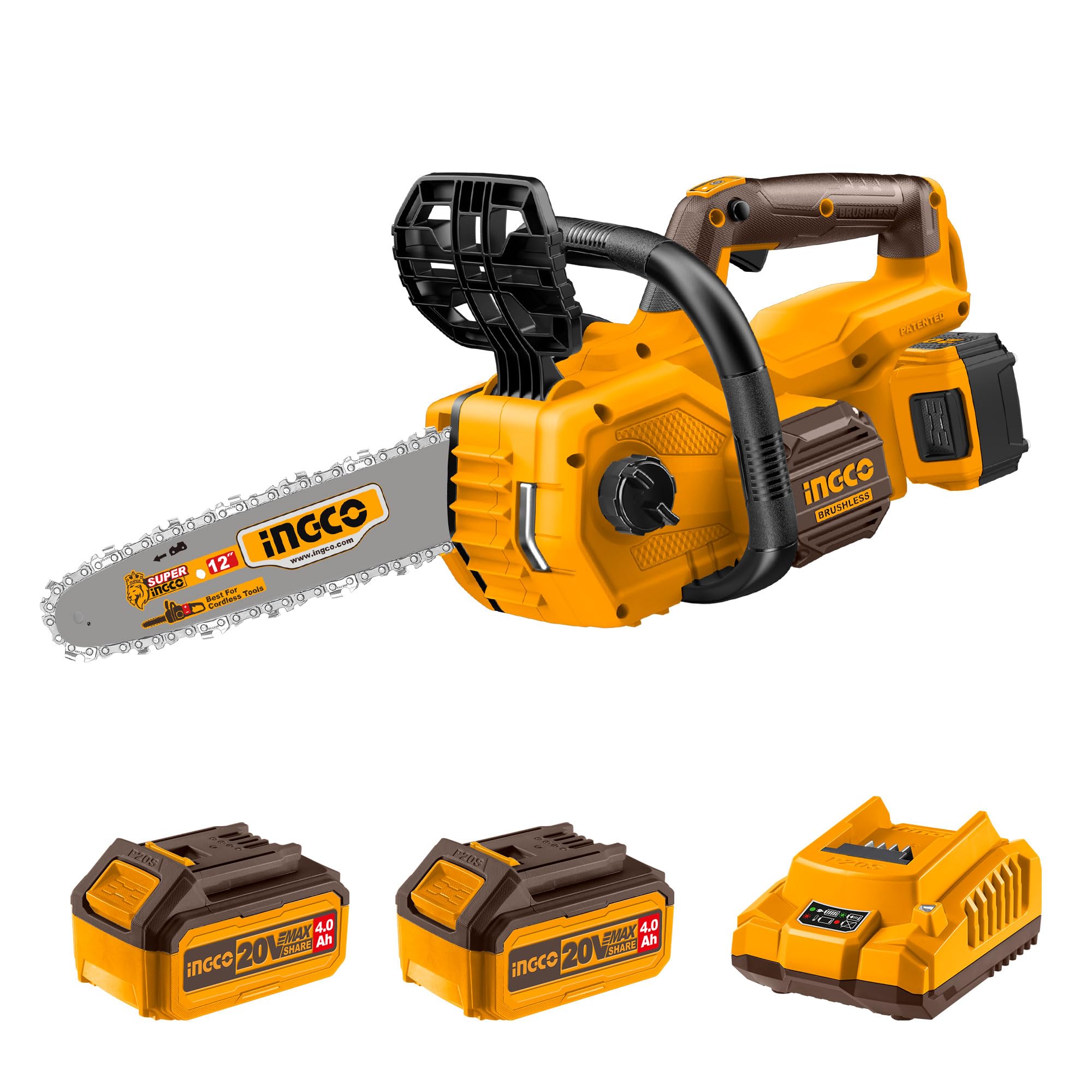 INGCO 20V Cordless Chain Saw 12Inch, Brushless Motor, 7.9m/s Chain Speed 44 Drive Links with 2Pcs 4.0Ah Battery and 1Pcs Charger for Cutting Trees and Wood-picture-27
