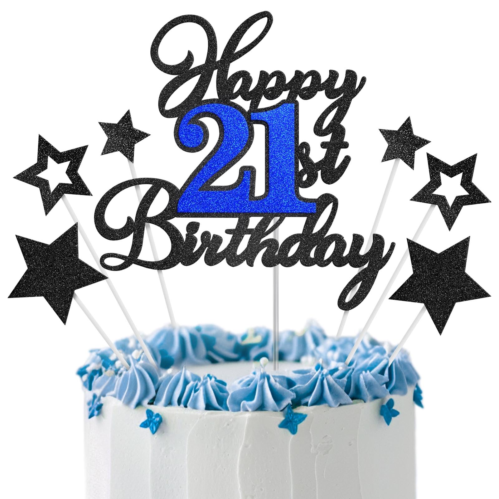 OffiCreative Happy 21st Birthday Cake Toppers, Black Blue Glitter Cake Decorations Set, 21st Birthday Decor, Birthday Anniversary Party Decorations