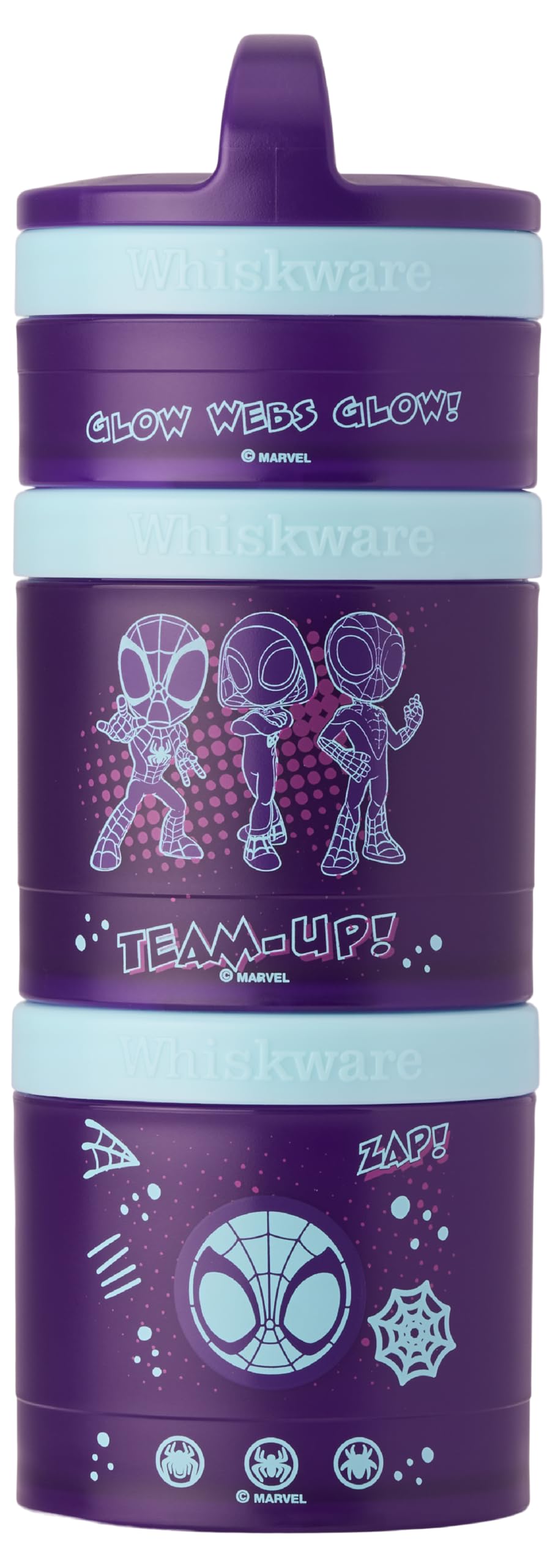 Whiskware Spider-Man Team Spidey Stackable Snack Containers for Babies, Kids, and Toddlers, 3 Stackable Snack Cups for School or Travel, Cupholder Friendly, Glow Webs Glow!-image-15