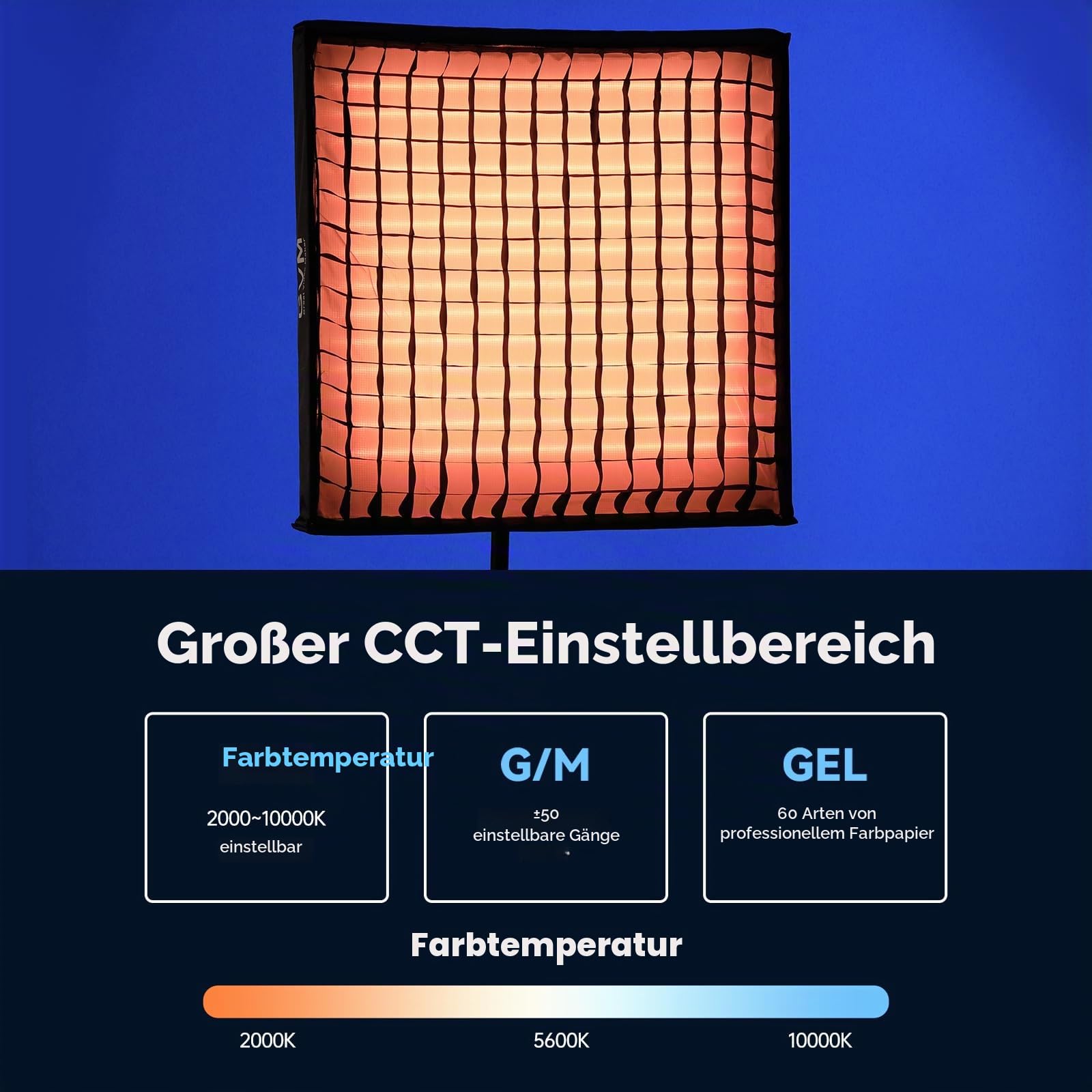 GVM 200 W faltbares RGB Videolicht, Bluetooth-Steuerung, LED Videolicht mit Softbox, 2000 K-10000 K Fotolicht, 16 Arten von Lichtszenen, 1400 LED Perlen