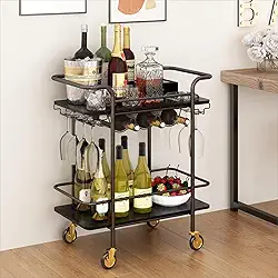 Carrinho de Bar com 2 Níveis, Rack de Vinho e Suporte para Copos, Ideal para Cozinha, Sala de Jantar e Festas,icolor Preto