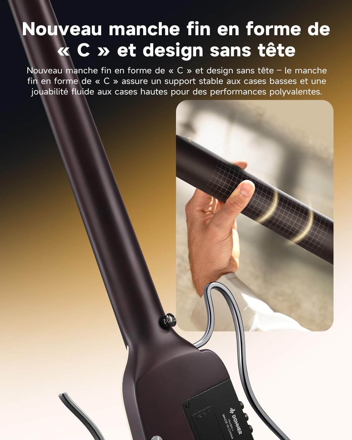 Donner HUSH I EVO2 Guitare Acoustique-Électrique de Voyage, Ultra-Légère, Sans Tête, avec Accordeur Intégré, Supports Amovibles et Sortie Casque – Sunburst