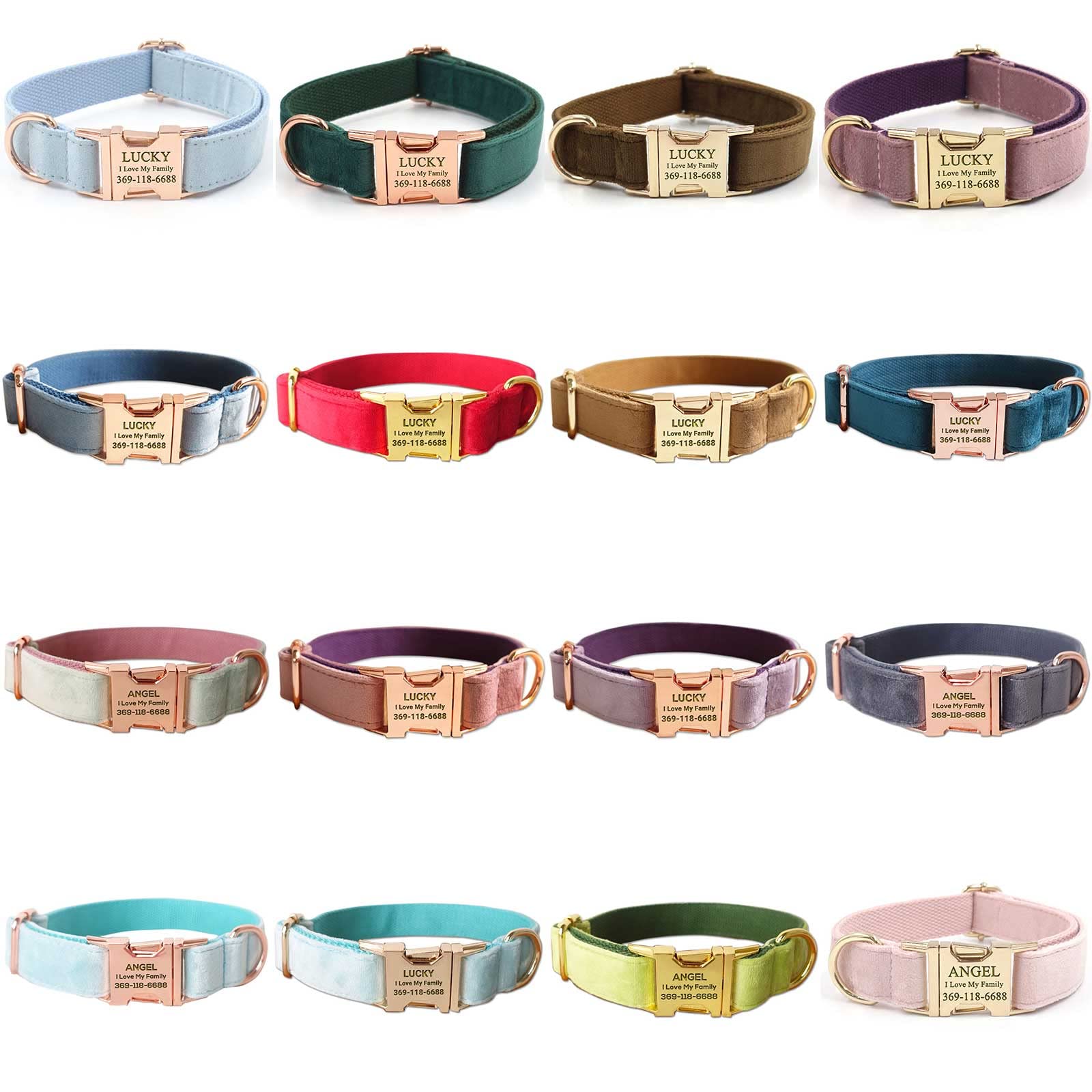 Close-up of the PETDURO custom dog collar's gold metal buckle, showing the laser-engraved text and velvet material.