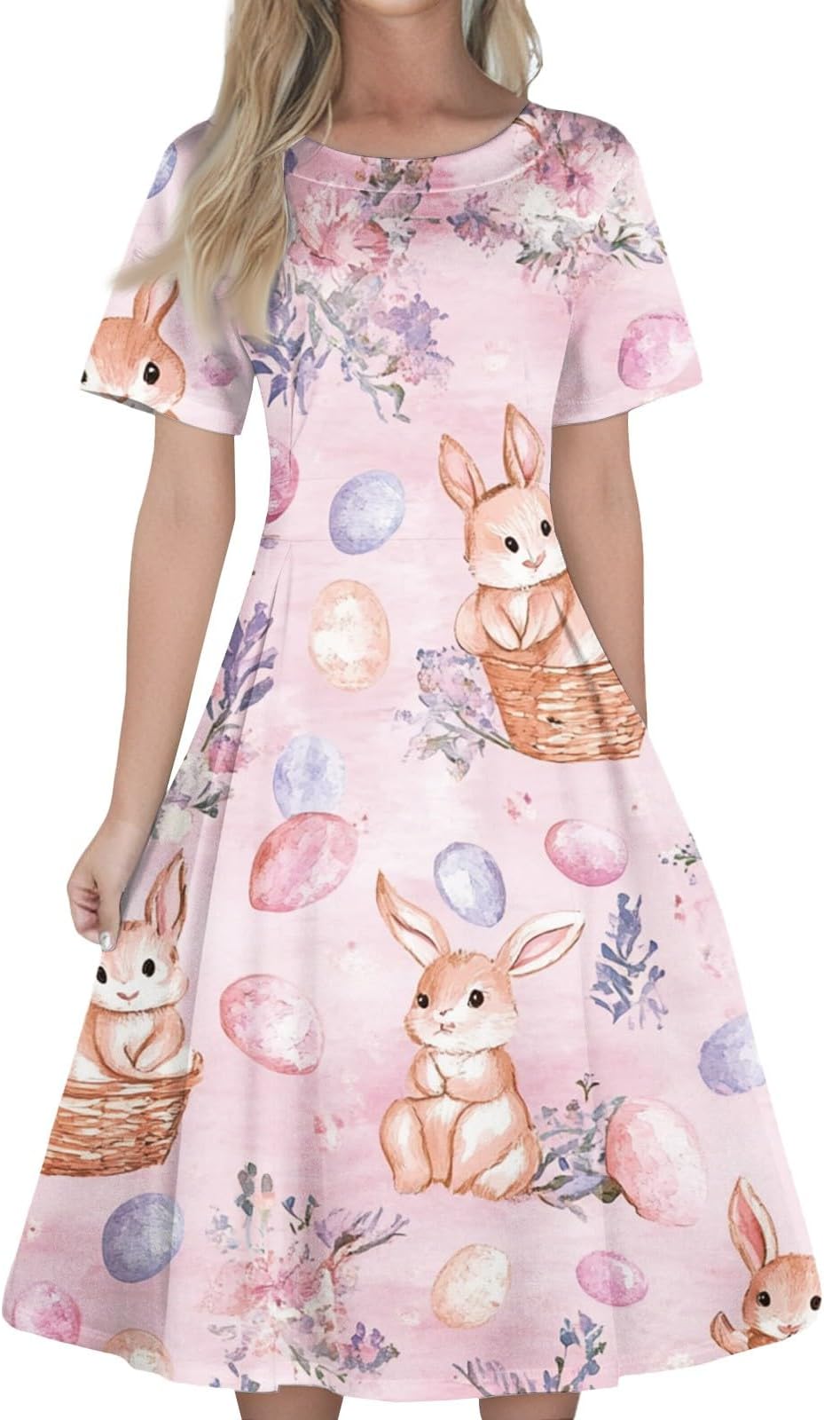 Easter Dresses for Women UK Cute Rabbit and Egg Printed Short Sleeve Tank Dresses Lounge Crew Neck Swing Tee Shirt Dress Summer Casual Loose Fit Midi Dress Funny Outfits