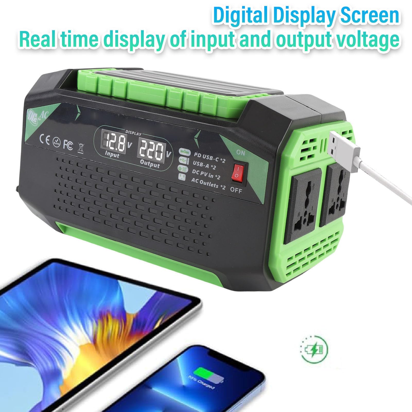 Luocute Ogranicznik Prądu Samochodowego 600 W, DC 12V do AC 20V Vehicle Vehicle ładowarka z 2 Gniazdkami, 2 USB C PD, 2 USB A, QC Szybkie ładowanie, Wyświetlacz Napięcia, Wentylator