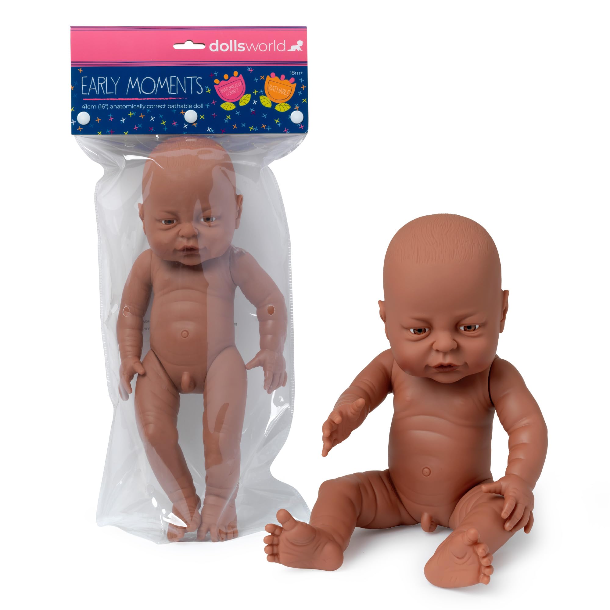 Dolls World from John Adams | Early Moments 41cm (16") Fully Jointed Anatomically Correct Black Baby Boy Doll | Bathable Doll for Educational Role-Play | Realistic Baby Dolls for Toddlers 18 Months+