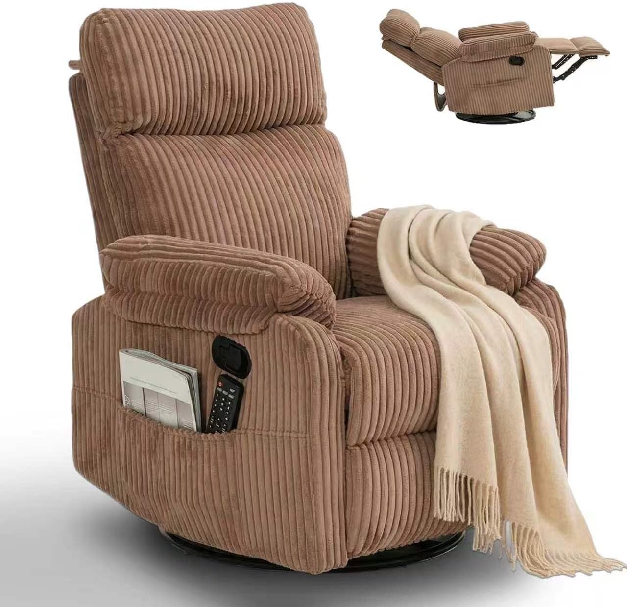 Beige Rocking Chair Nursery Recliners, Small Recliner Rocking Chair for Small Spaces, Manual Swivel Glider Recliner for Living Room Bedroom Office, Corduroy，Adjustable Backrest & Footrest (Beige)