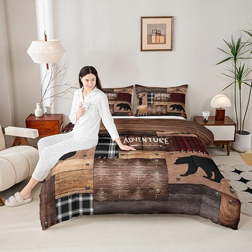 Miniatura 4 de Juego de cobijas rústicas de cabaña tamaño individual, juego de ropa de cama de granja para niños y niñas, decoración de cabaña marrón, colcha con