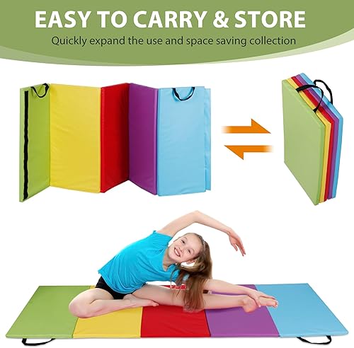 Miniatura 10 de HomGarden Tapete de ejercicio grueso plegable de tres pliegues de 6 x 2 pies, para gimnasia, gimnasio, aeróbicos, colchoneta con asas de transporte