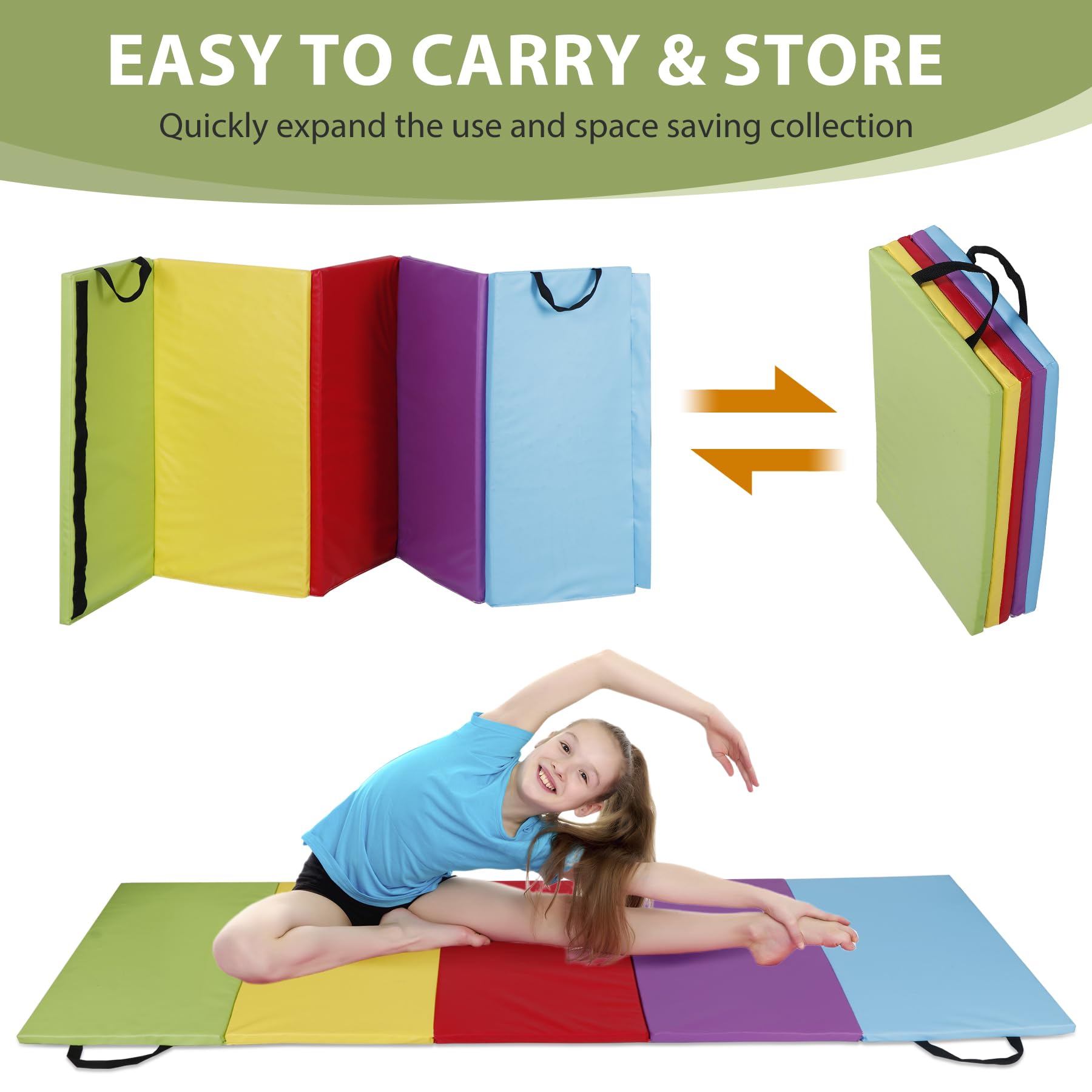 BBBuy 77'' x 30'' Portable Folding Lightweight Exercise Gym Fitness Gymnastics Mat, Extra Thick Foam Tumbling Mat Workouts w/Carrying Handle for Home Gyms Yoga Workouts, Multicolor