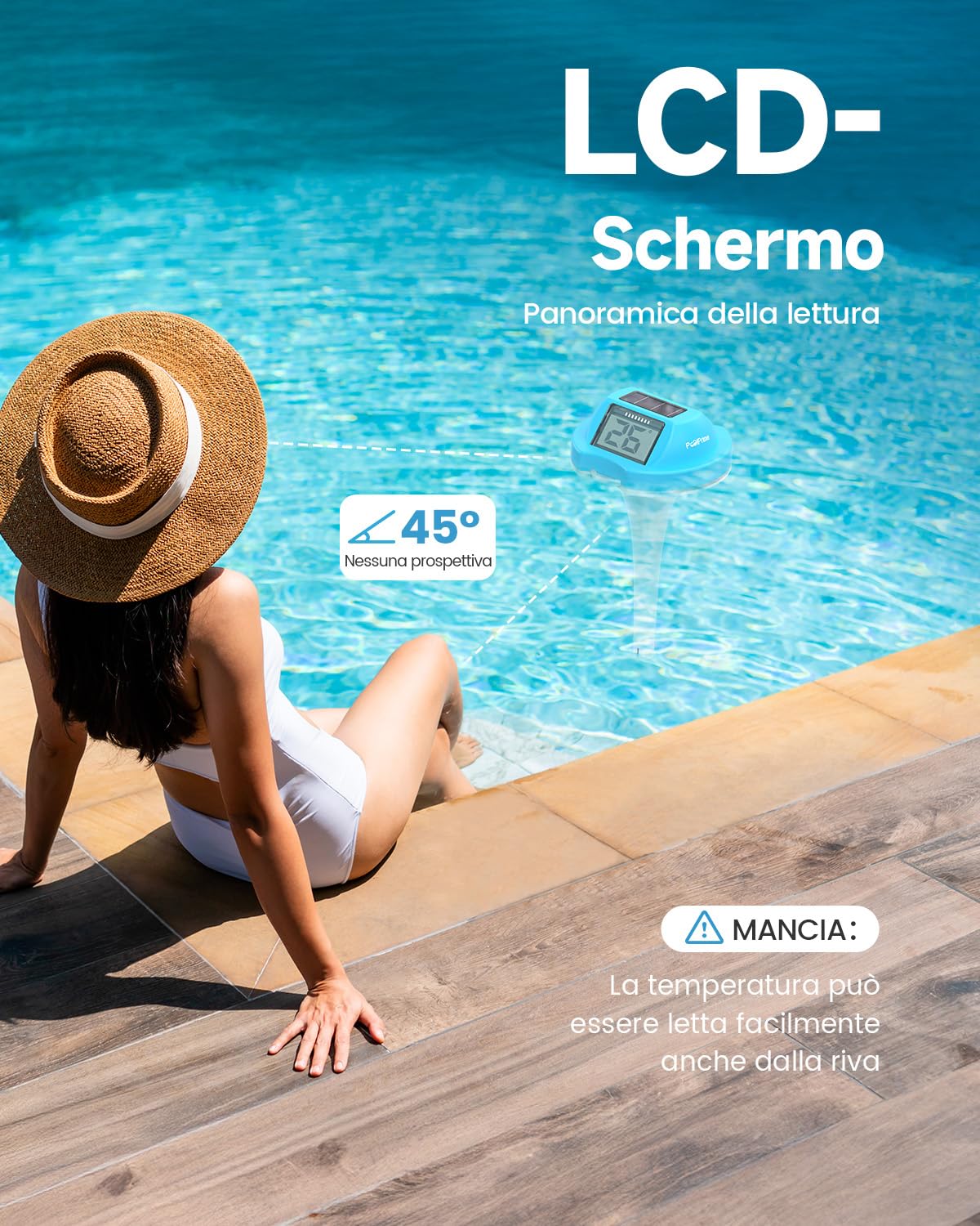 Termometro Piscina a Doppio Schermo, Lettura Facile, Termometro Per Piscina Galleggiante con Display Digitale, Impermeabile IPX7 per Vasche Idromassaggio, Vasche Fredde e Piscine（blu）