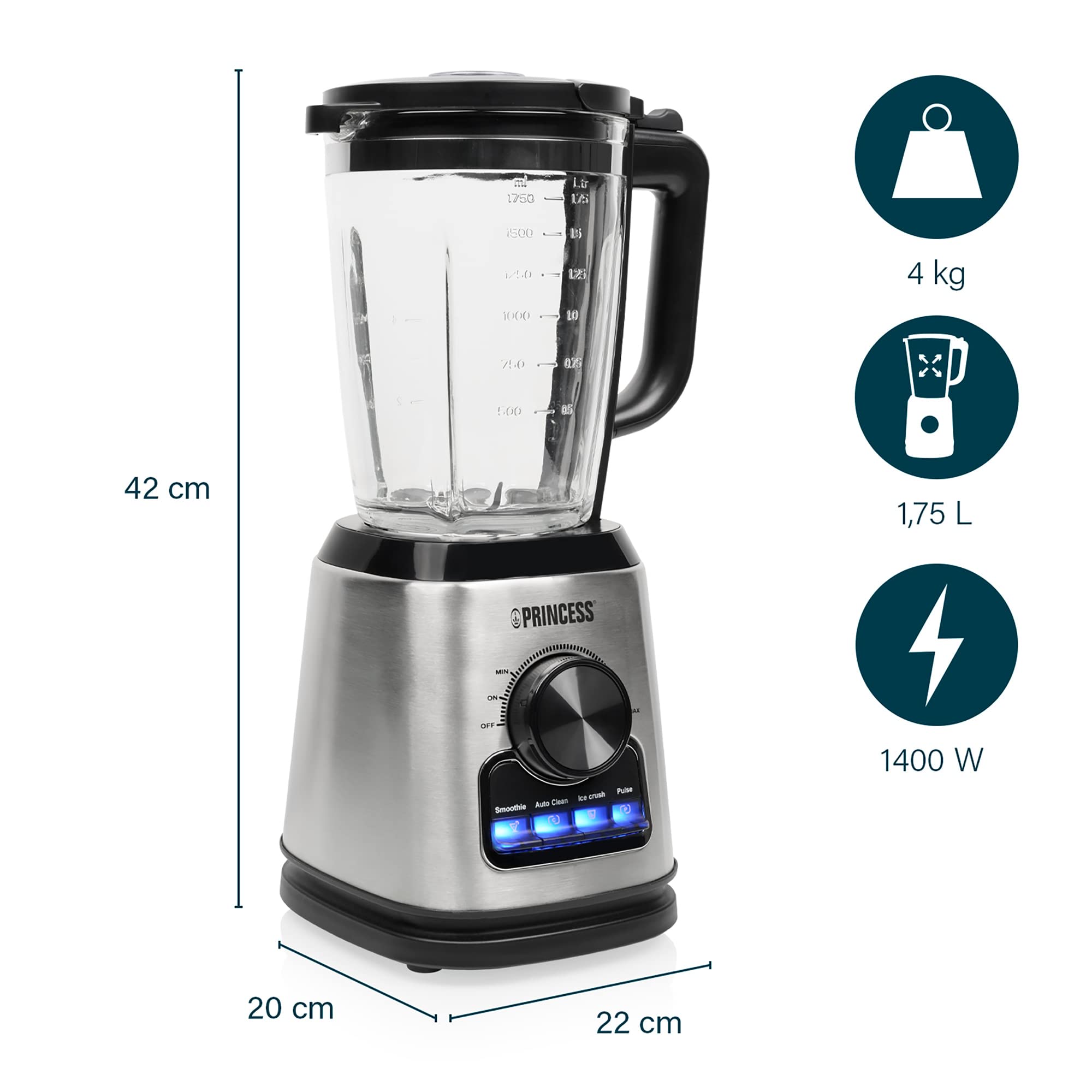 Princess Stand Mixer 212094-1400 W - szklana karafka 1,75 L - funkcja pulsu, siekania i samoczyszczenia