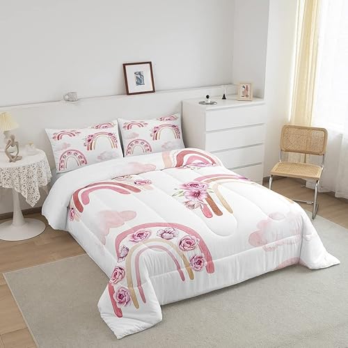 Miniatura 2 de Juego de edredón de arcoíris rosa, tamaño individual, romántico, acuarela, pastel, nubes florales, para niñas, adolescentes, mujeres, rosa, bohemio,