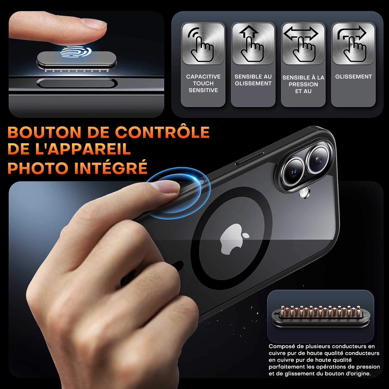 TAURI Coque Magnétique pour iPhone 16 Plus avec Bouton de Capture de Contrôle de Caméra, Compatible avec MagSafe [Protection Militaire][Anti-Jaunissement] -Coque Mince 6,7 Pouces-Noir