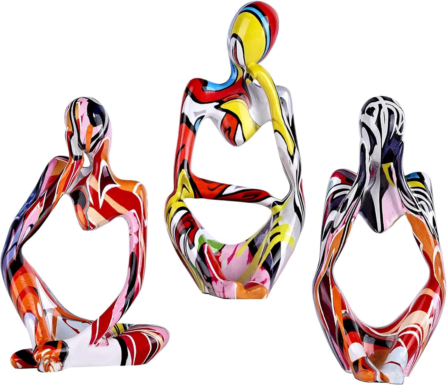 3 Piece Abstract Graffiti Thinker Statues and Sculptures, Colorful Mini The Thinker Figurine Ornaments, Minimalist Art Bookshelf Coffee Table Home Office Desk tabletop Living Room Decor Figurine