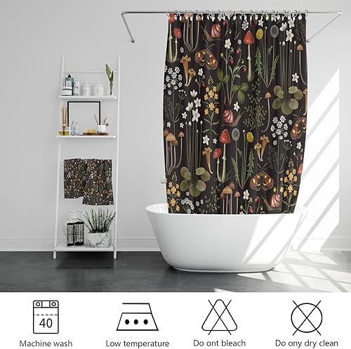 Miniatura 8 de Emwnodti Cortina de ducha retro con diseño de hongos, caravana, remolques de viaje, flores de bosque de hadas sobre fondo negro, cortinas de baño de