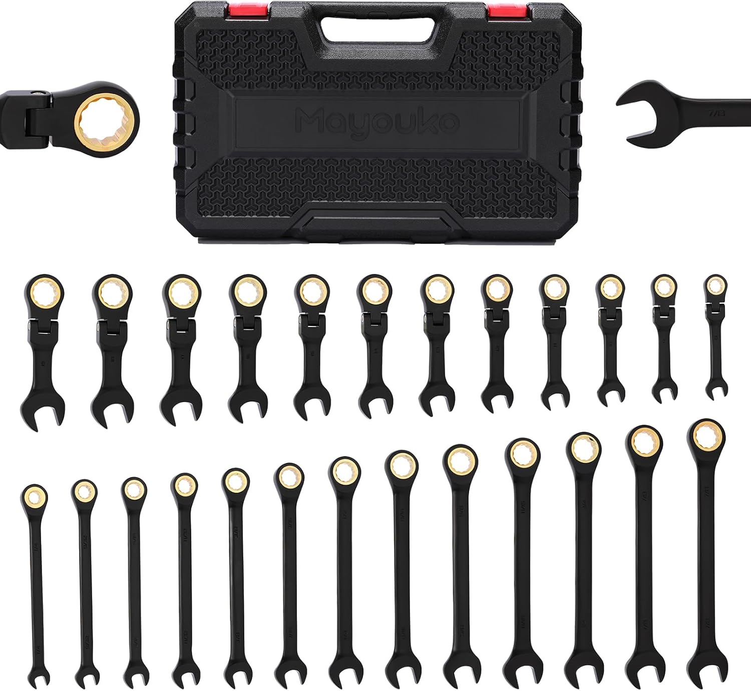 Mayouko 24PCS Stubby Flex Head&Regular Ratcheting Combination Wrench Set, Standard in SAE 1/4"-7/8" & Stubby in Metric 6-22mm, 12 Point, 72 Tooth, Cr-V Steel with Black Chrome Finish