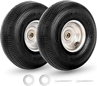 10" Tire and Wheel, 2 Pack, 4.10/3.50-4 Pneumatic Tire, with 2.25" Offset Hub, 5/8" Axle Bore Hole, Sealed Bearings for Hand Truck Trolley Dolly Garden Wagon Wheel Replacement
