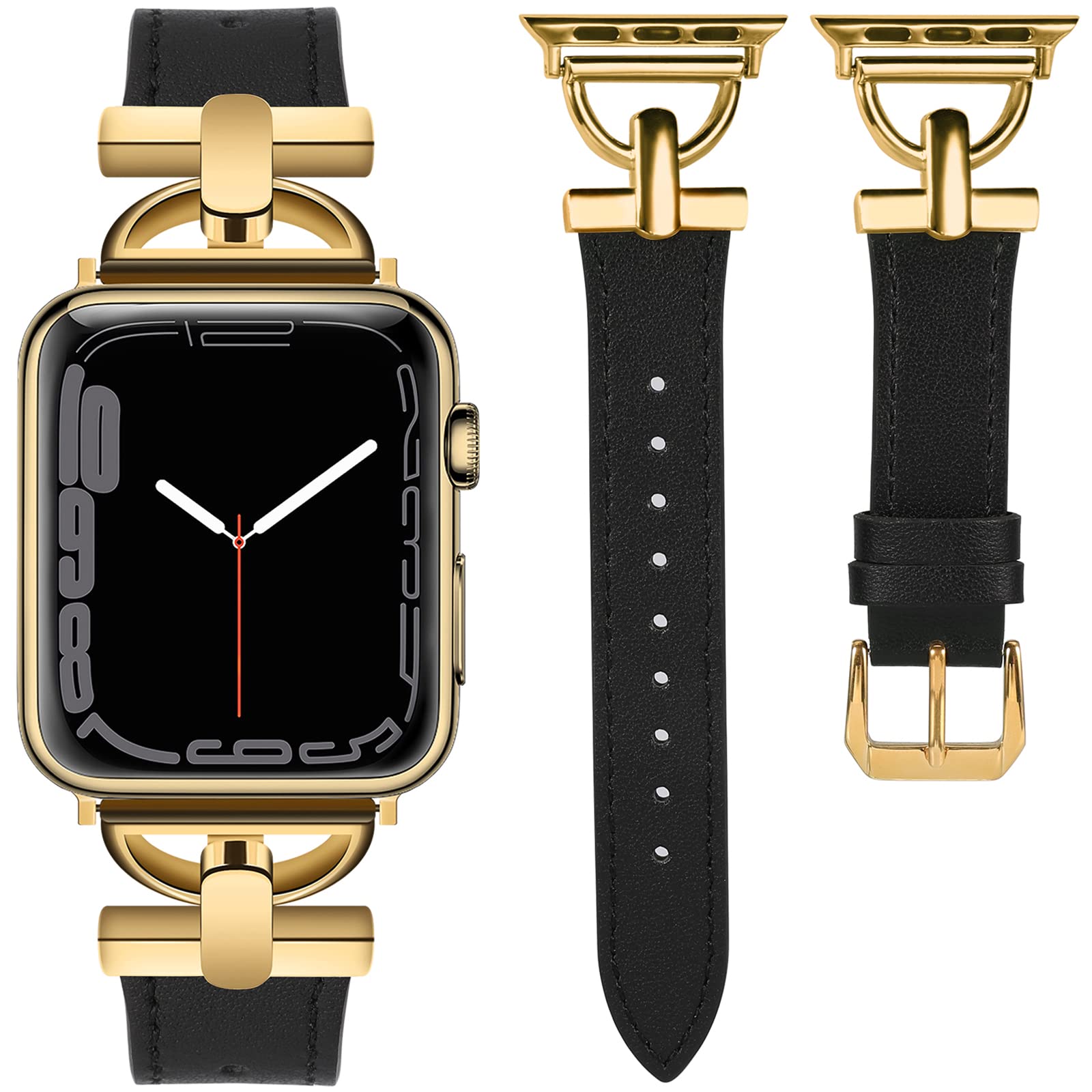 Wearlizer Leather Band Compatible with Apple Watch Bands Women 41mm 40mm 38mm 49mm 46mm 45mm 44mm 42mm, Fancy Dressy Strap for iWatch Series 10 9 8 Ultra SE 7 6 5 4 3 2 1,Black/Gold