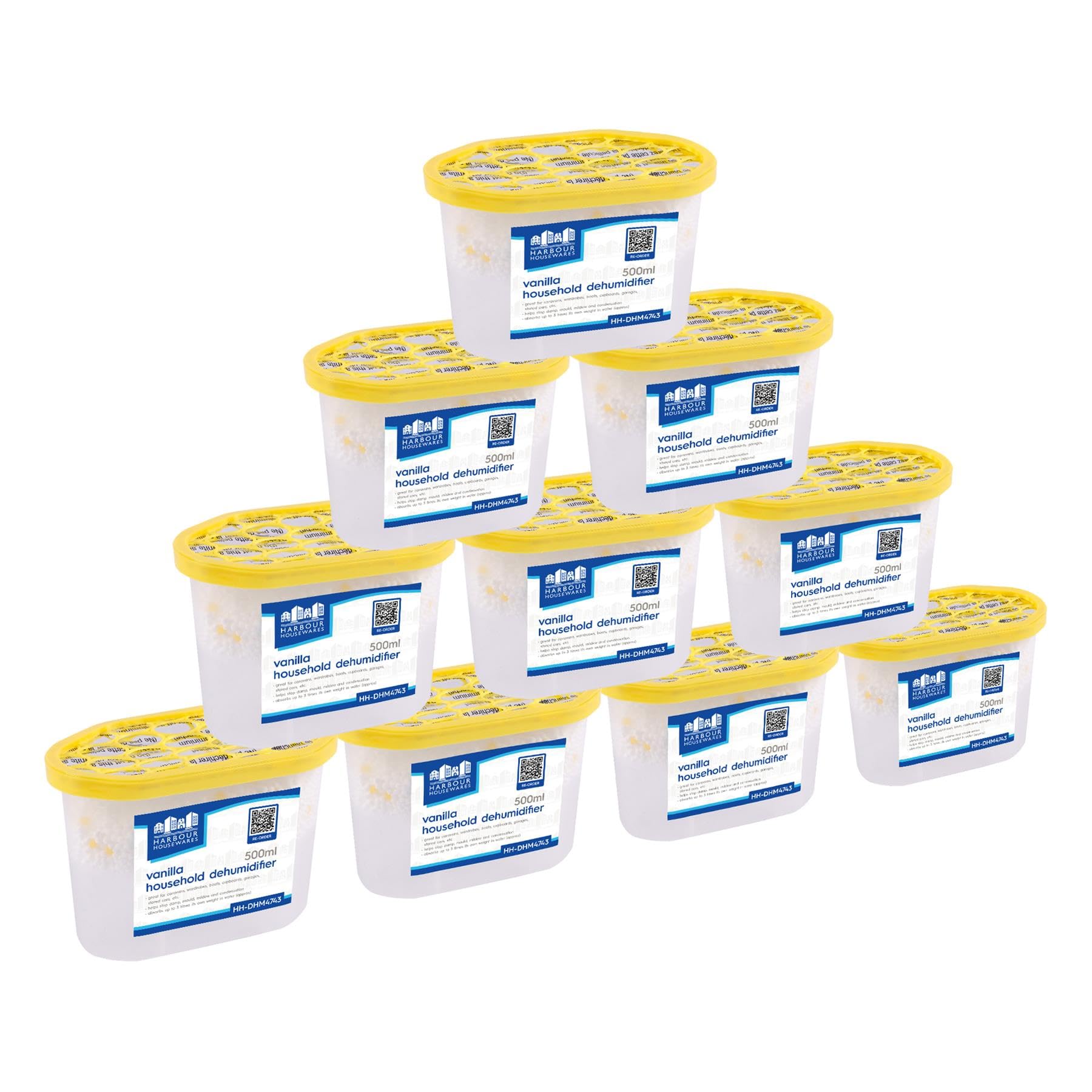 Harbour Housewares Vanilla Dehumidifier 500Ml Pack Of 10 - Interior Condensation Moisture Remover Mildew Absorber For Damp, Mould, Kitchen, Caravan, Car, Home, Bedroom, Wardrobe, Garage, Basement