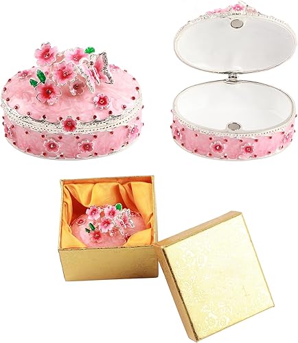 Vista 5 de Joyero con diseño de flores de cerezo, exquisita caja esmaltada para joyas, organizador de joyas para aretes, anillos, collares, caja de regalo