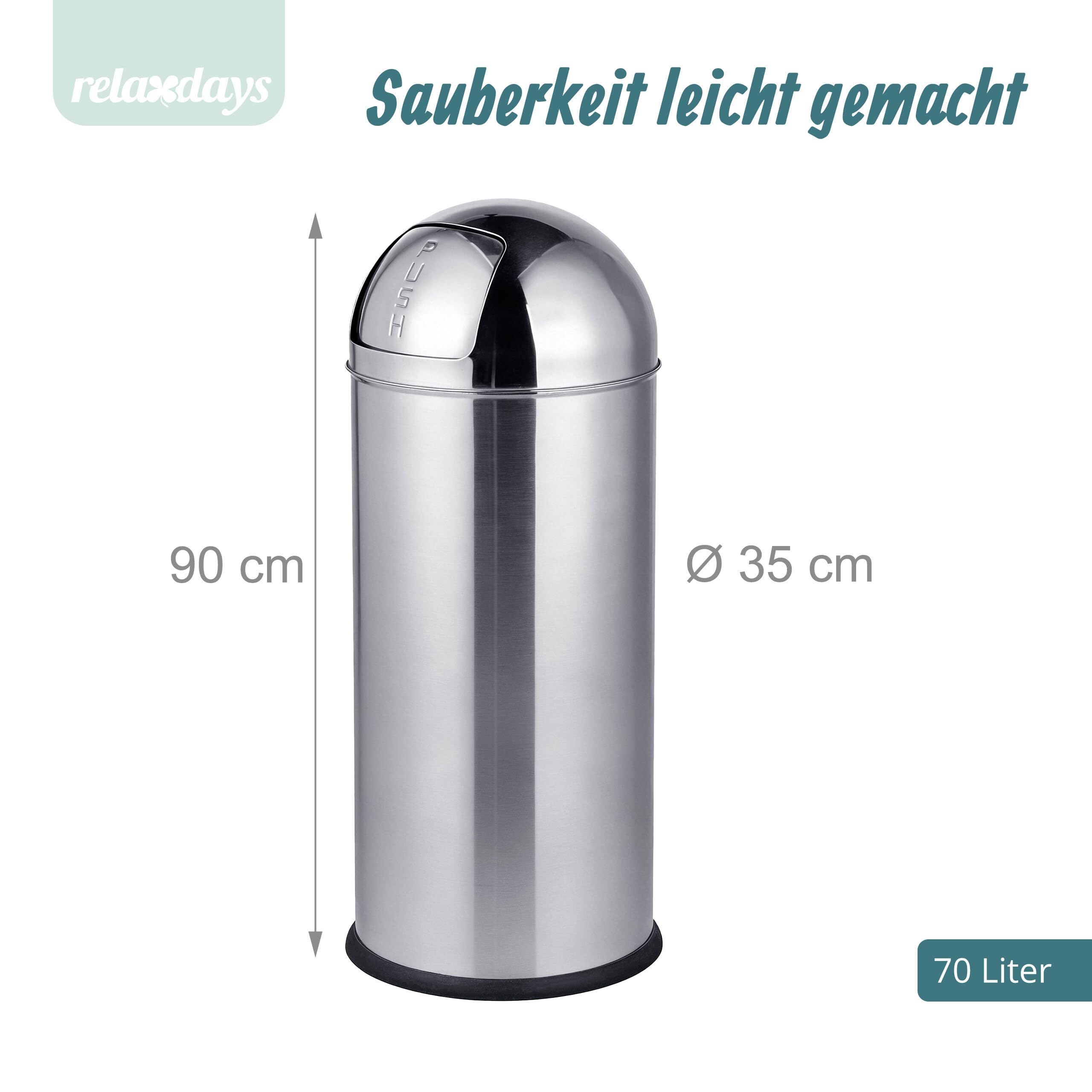Relaxdays Mülleimer, 70 Liter, Push-Deckel, Edelstahl, entnehmbarer Inneneimer, Küche, Badezimmer, Abfalleimer, silber