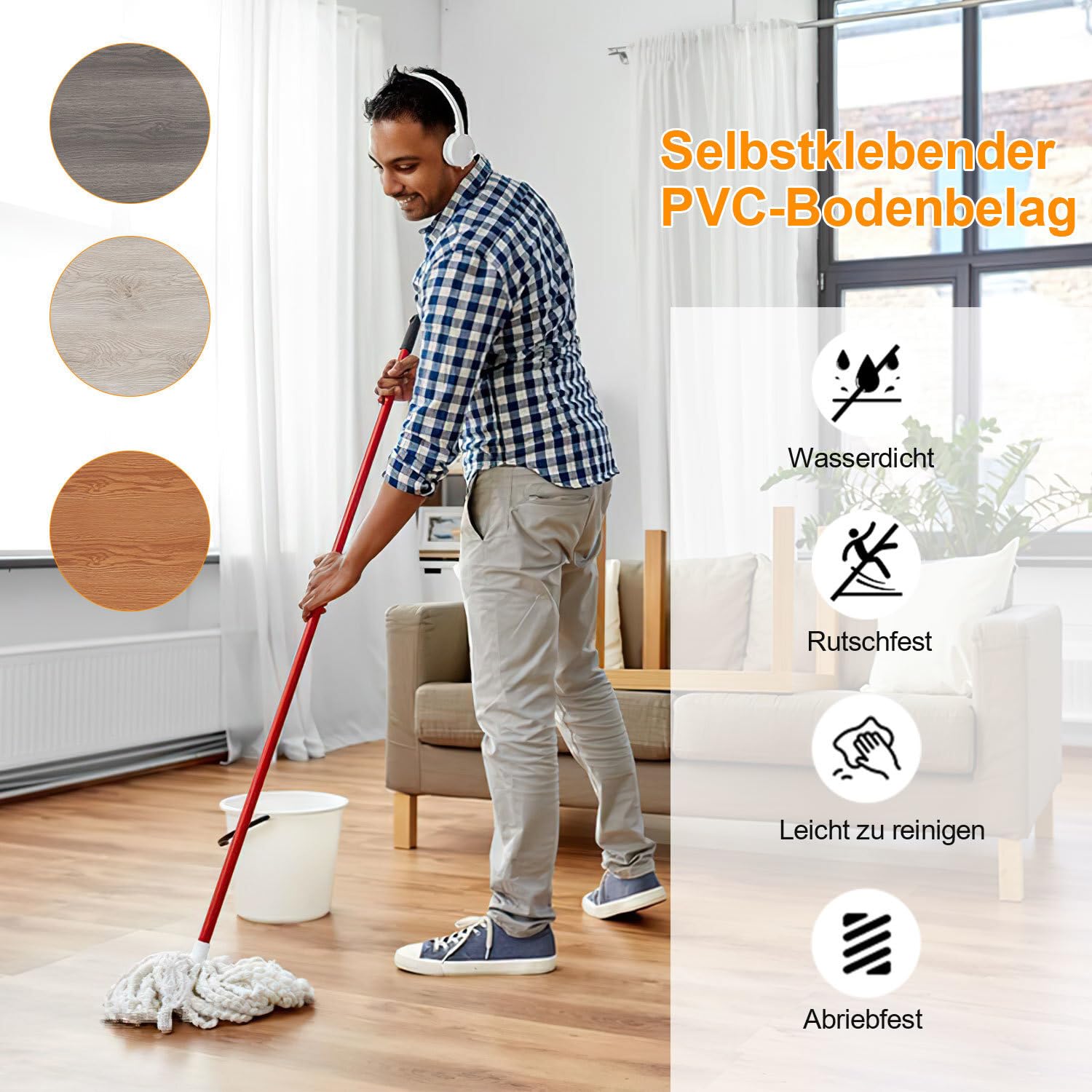 Pavimenti in PVC autoadesivi per pavimenti in vinile, ca. 10 m²/70 piastrelle, in vinile, antiscivolo, impermeabile, autoadesiva, pavimenti in laminato per soggiorno, cucina, rovere caldo