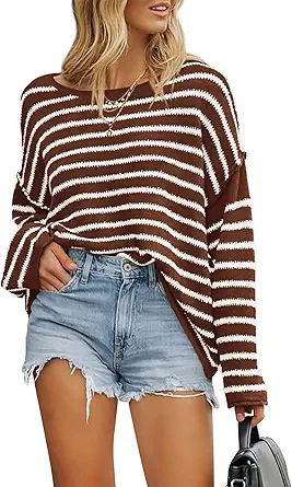 BTFBM Women's Striped Knit Sweaters 2025 Spring Fall Boat Neck Off Shoulder Long Sleeve Oversized Casual Pullover Tops