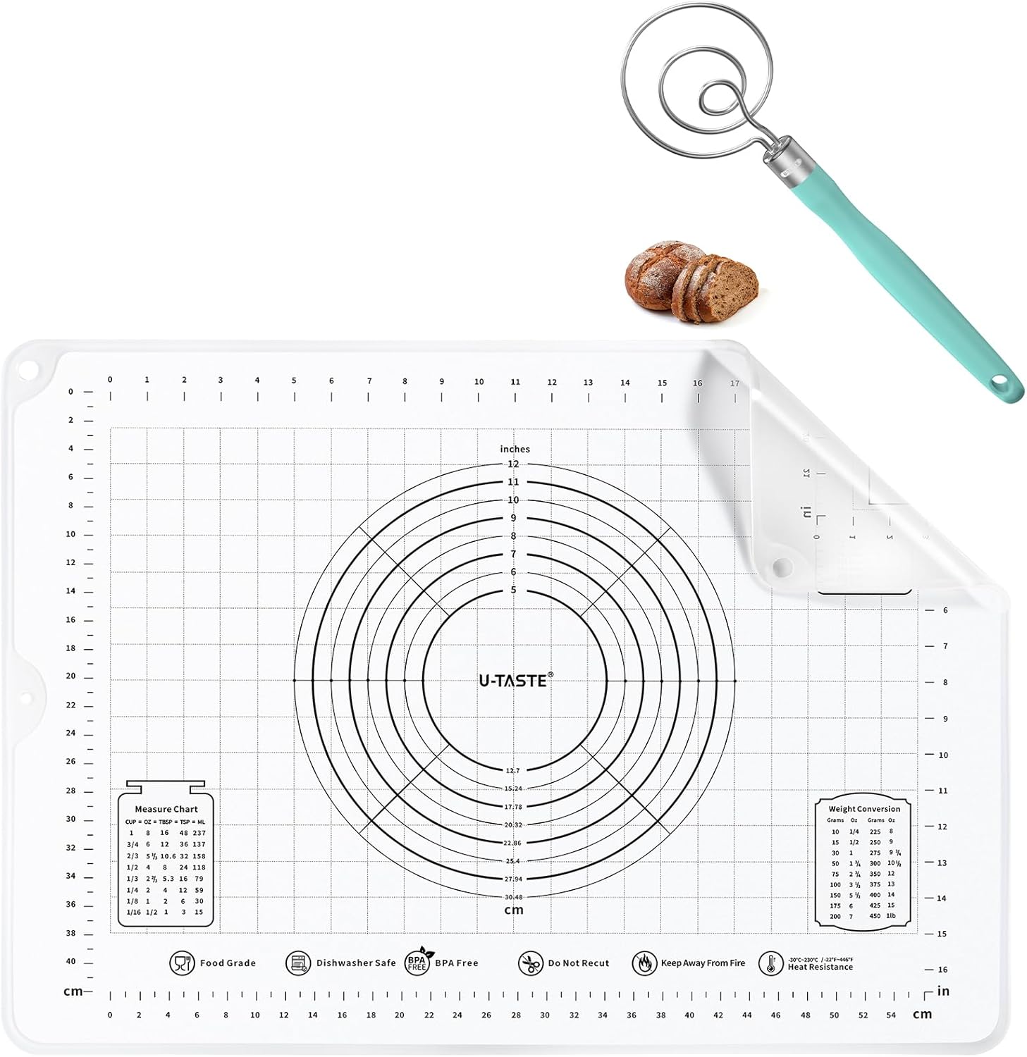U-Taste 28"x20" Large Food-Grade Liquid Silicone Pastry Mat (Transparent) and 12.6in Stainless Steel Danish Dough Whisk (Aqua Sky)
