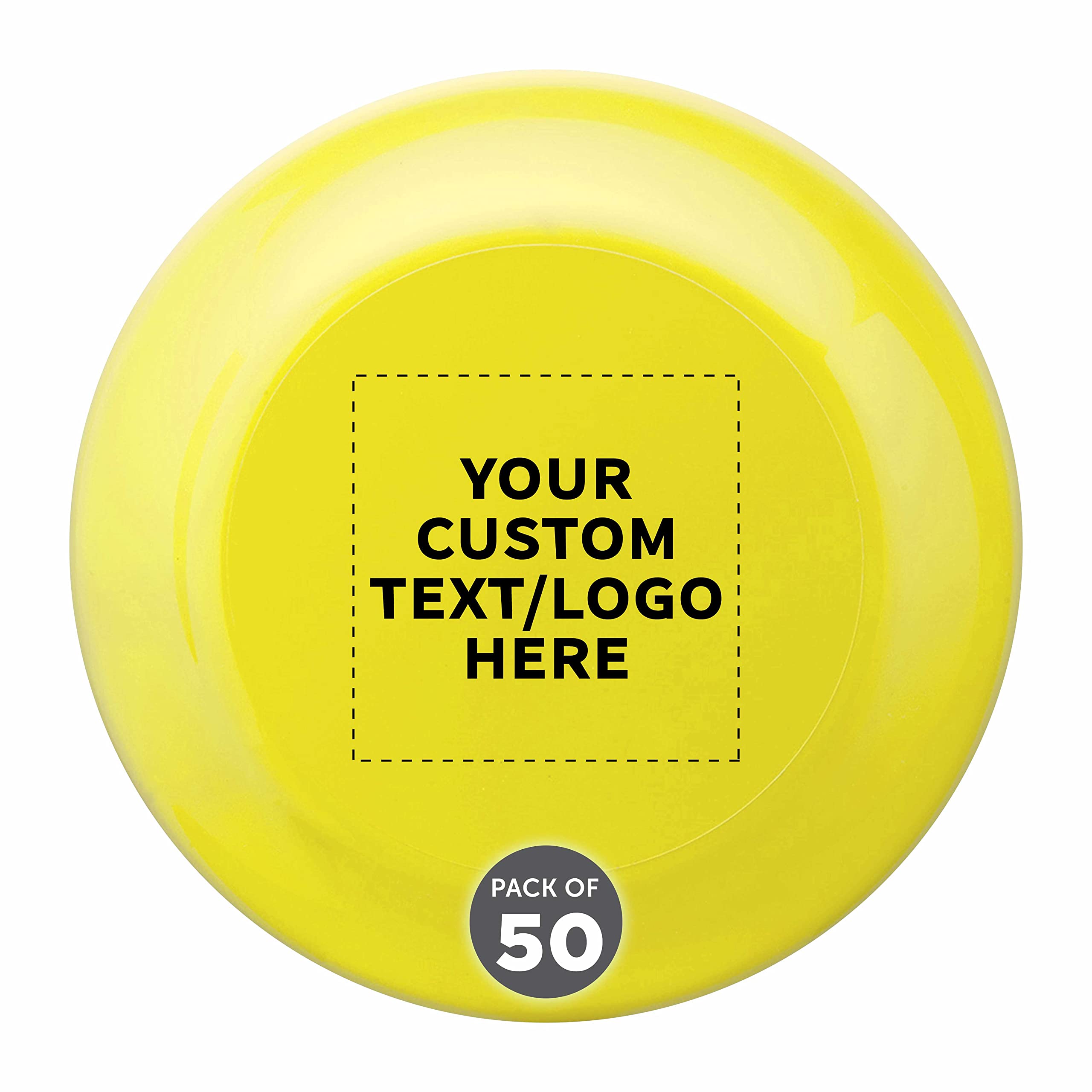 DISCOUNT PROMOS Custom Frisbees 9.25 inch. Set of 50, Personalized Bulk Pack - Fun Outdoor Games for Adults and Family - Yellow