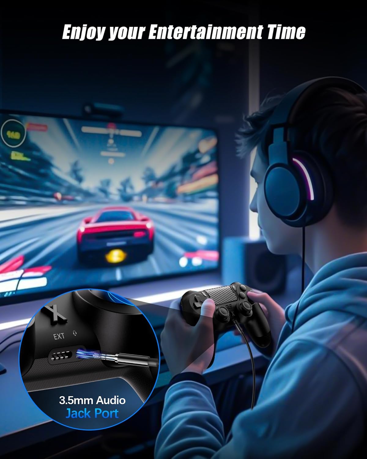 A person playing a video game with the RUIZHI Wireless Controller, highlighting the 3.5mm audio jack port.
