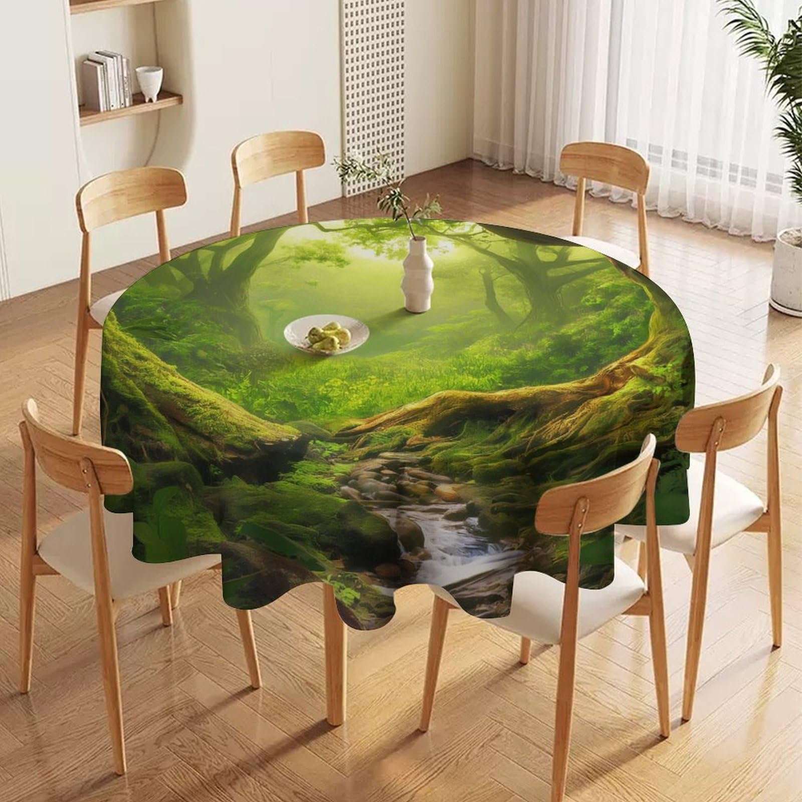 ORDOBO 3D Printed Tablecloth - Green Forest Fashion Table Protect Cover Waterproof Wipeable For Kitchen Dinner Garden Dining Home Decoration 152X152Cm