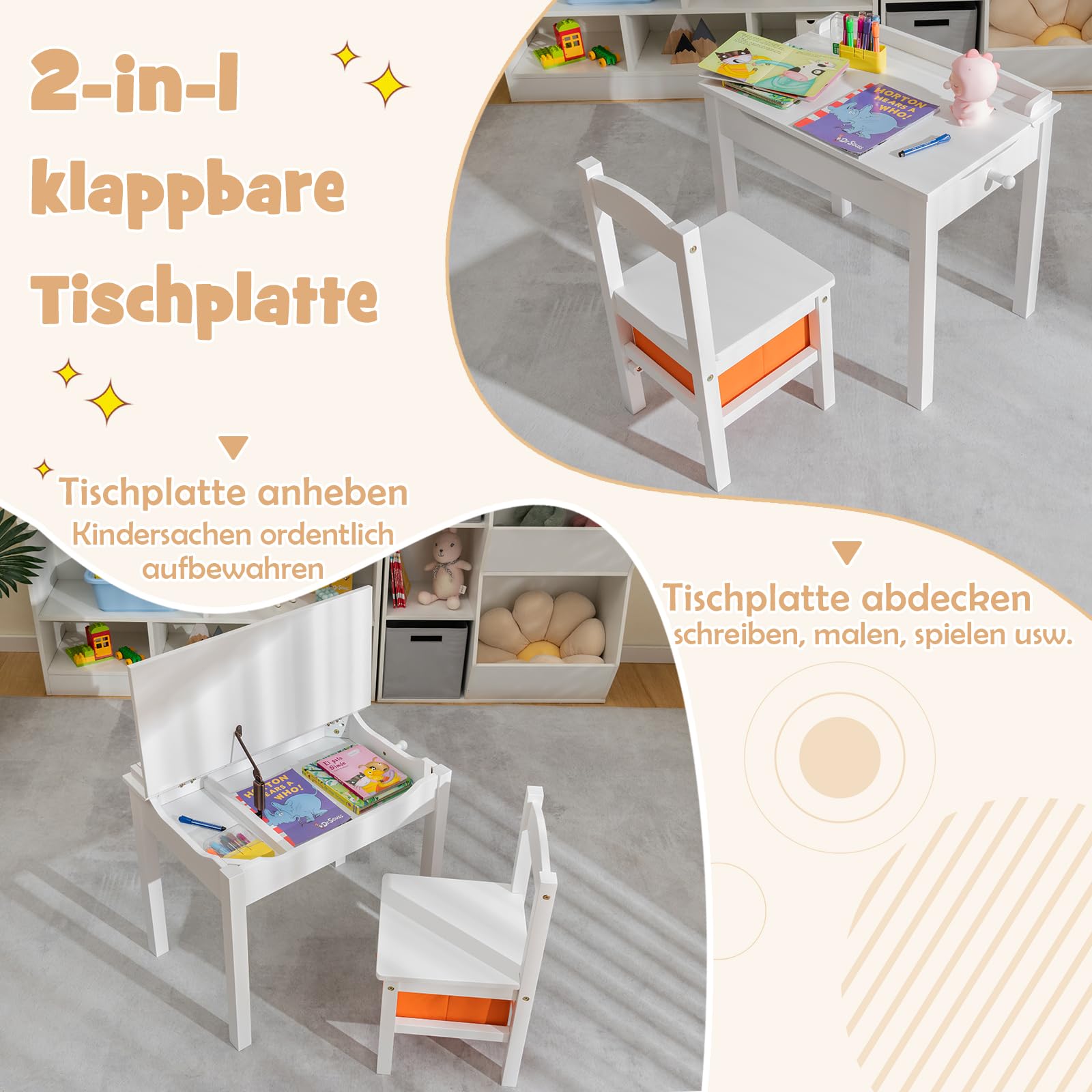 DREAMADE Kindertisch mit Stuhl, Kinderschreibtisch Kinder Schreibtisch aus Holz, Kindersitzgruppe mit Stauraum & Stoffbox (Weiß)