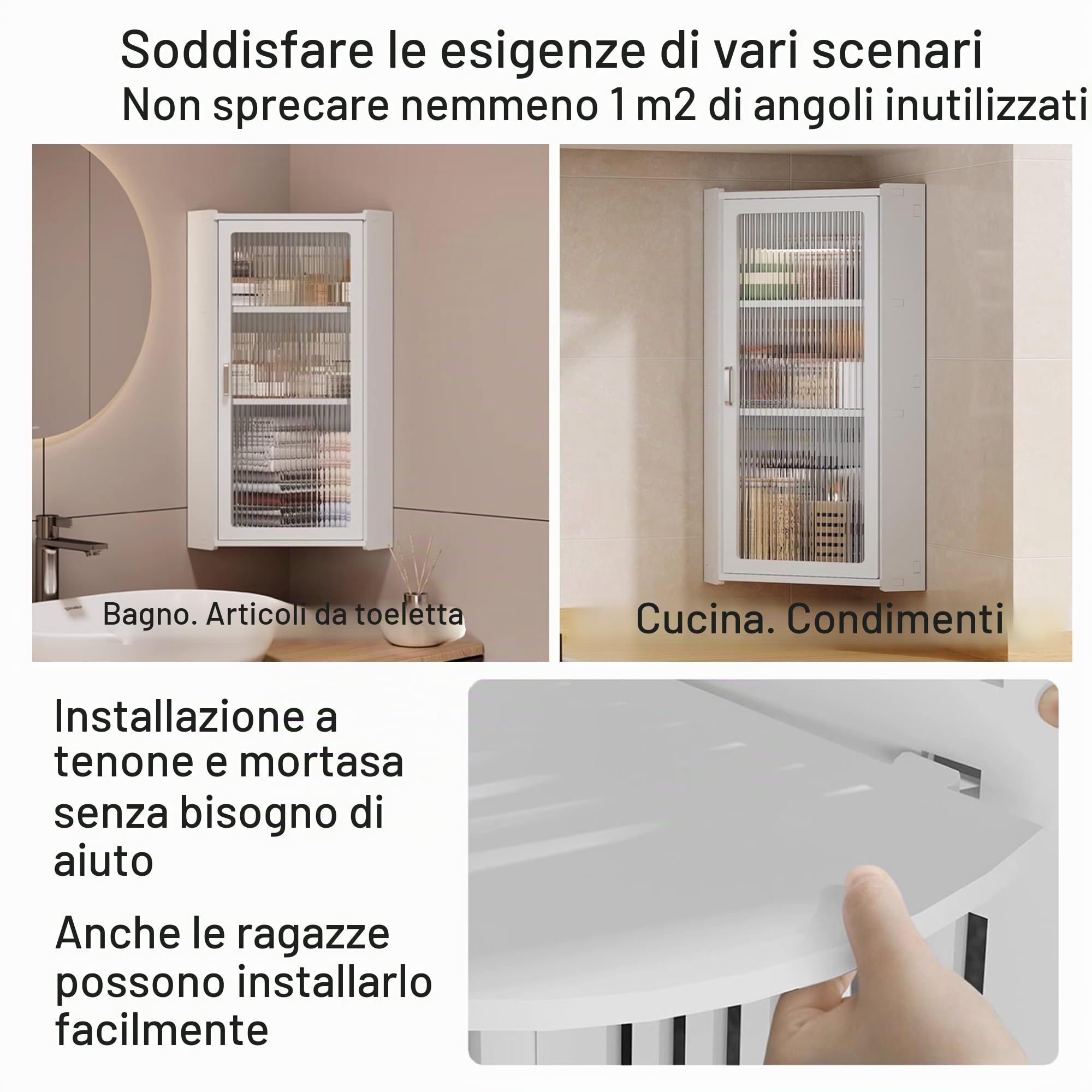 Armadietto bagno, Piccolo mobiletto angolare da bagno, mobiletto da parete per bagnos sopra il water, mobilettos sospeso per cucina, lavanderia, dormitori(Transparent,40 * 70cm)