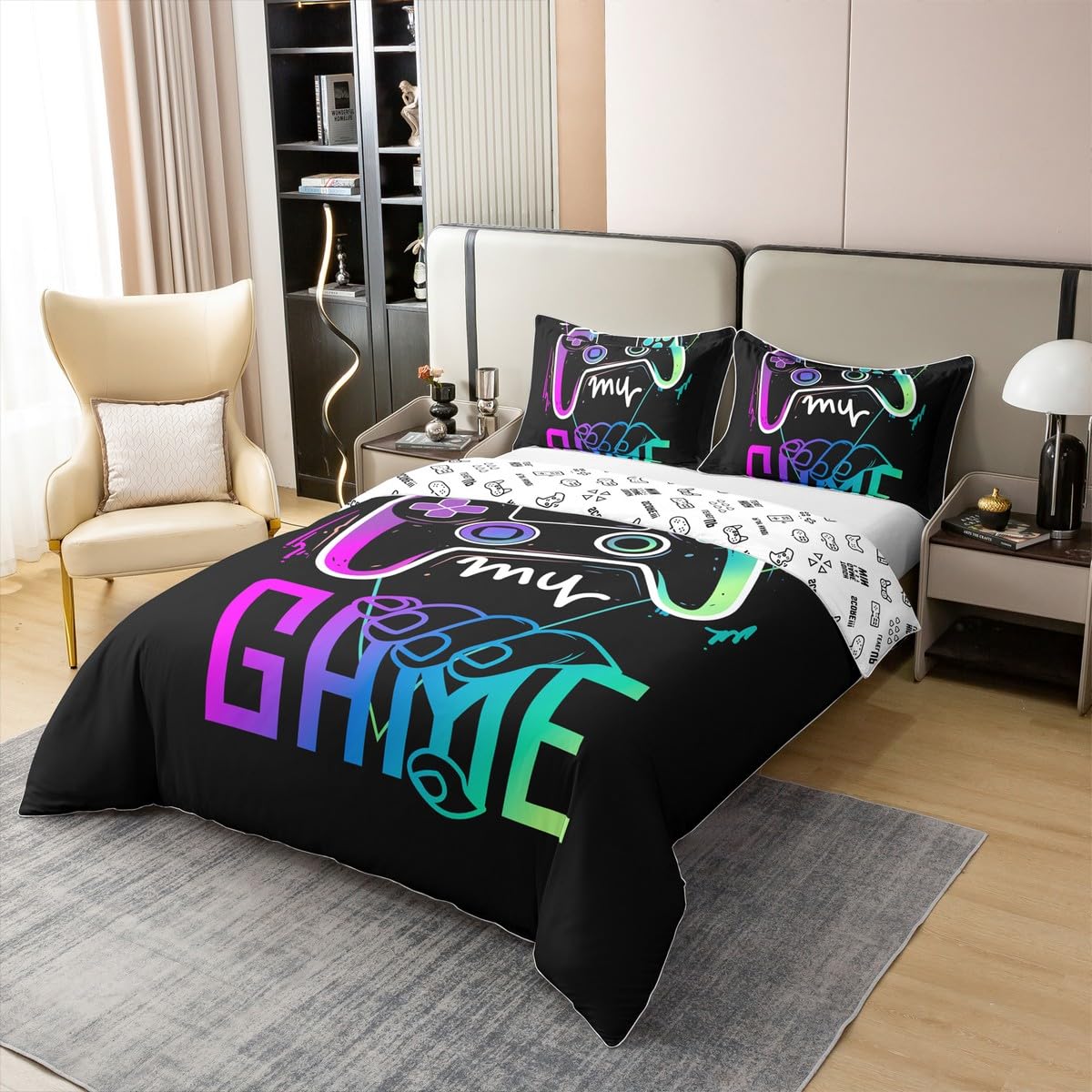 Homemissing Set di biancheria da letto con copripiumino e 2 federe, in 100% cotone, per bambini, motivo videogiochi, colore viola, nero, per ragazzi e ragazzi, motivo controller