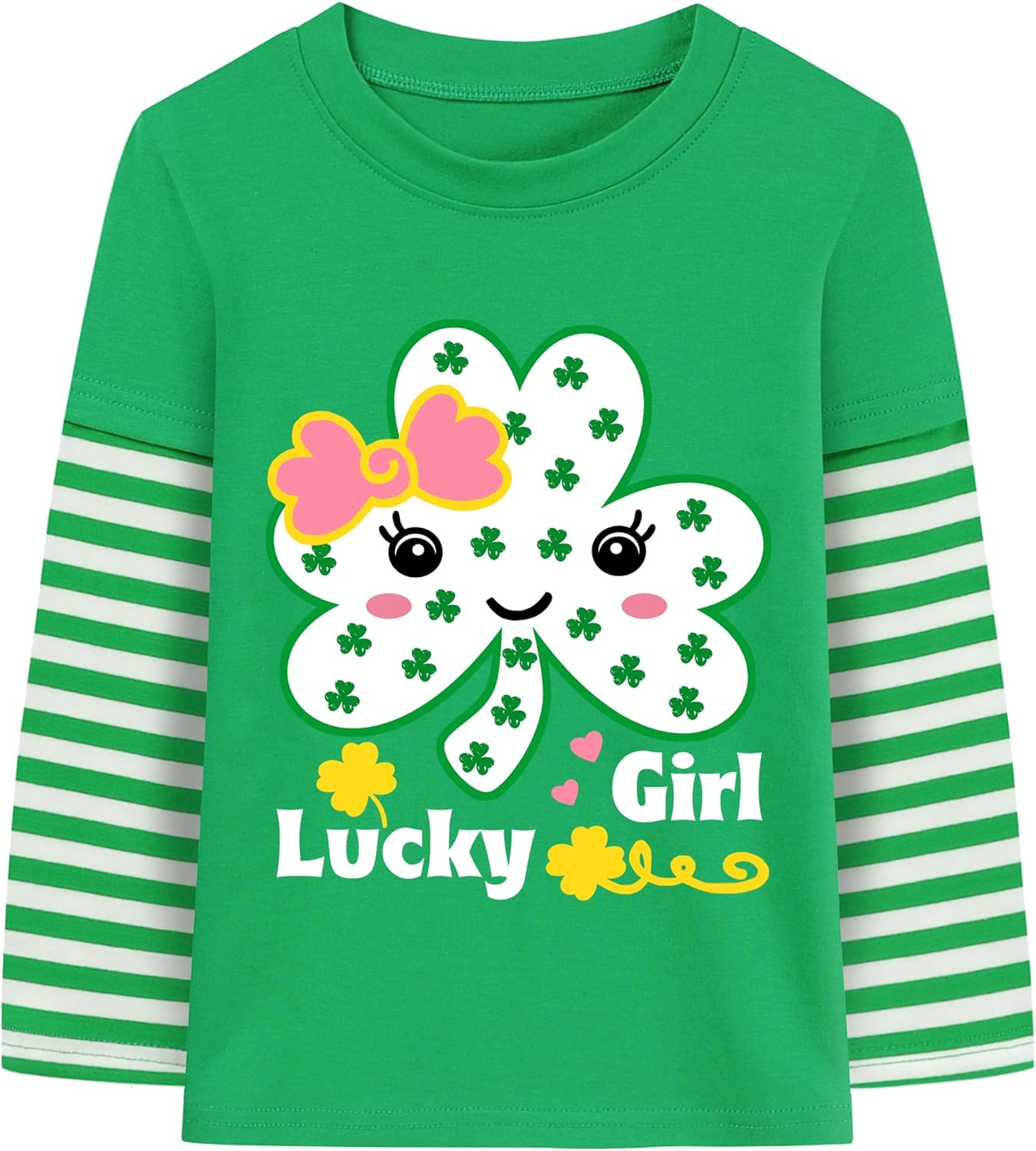 DDSOL Girl Toddler St Patricks Day Shirt Shamrock Clover Bow Cotton Long Sleeve T-Shirt Lucky Girl Irish Tee Top Kid Clothes