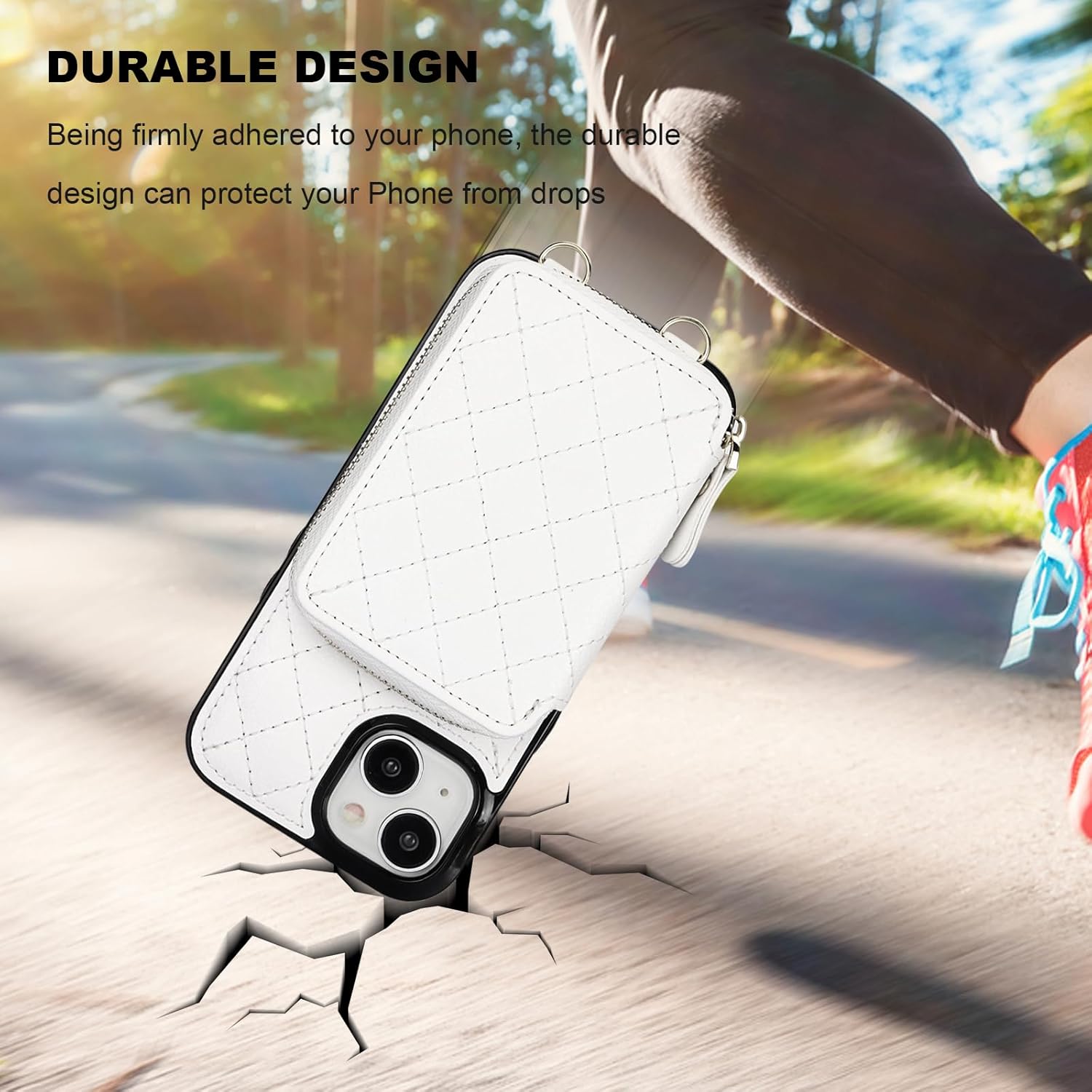 Bocasal Crossbody Wallet Case for iPhone 15, RFID Blocking PU Leather Zipper Handbag Purse Flip Cover, Kickstand Folio Case with Card Slots Holder Wrist Strap Lanyard 5G 6.1 Inch (White)