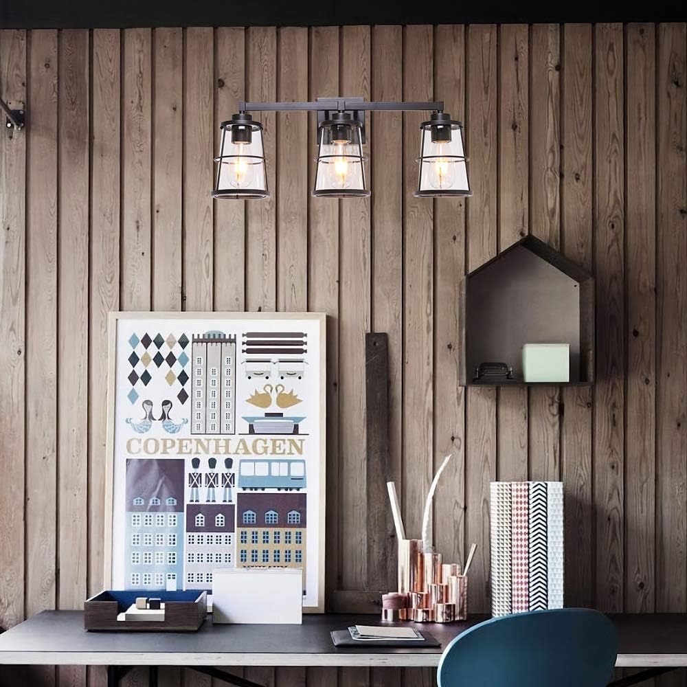 Review XINCAN Rustic Farmhouse Wall Light Fixture Oil Rubbed Bronze Vanity Lights for Bathroom ,Vintage Flush Mount Wall Sconce 3 Light with Clear Glass Shades