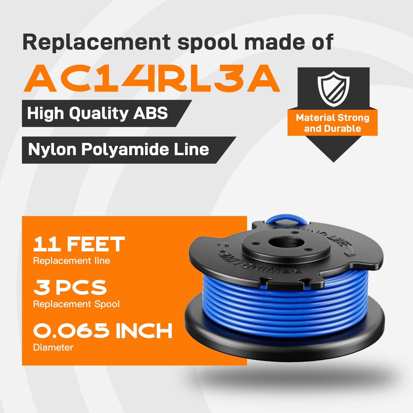 AC14RL3A Kompatibel mit Ryobi 18 V, 24 V, 40 V schnurlosen Trimmern und AC14HCA Abdeckkappe, Ersatz-Saitenspule Ryobi One Plus+ Unkrautvernichter, automatische Zufuhr, Nachfüllschnur, 3,4 m, 0,2 cm, 3