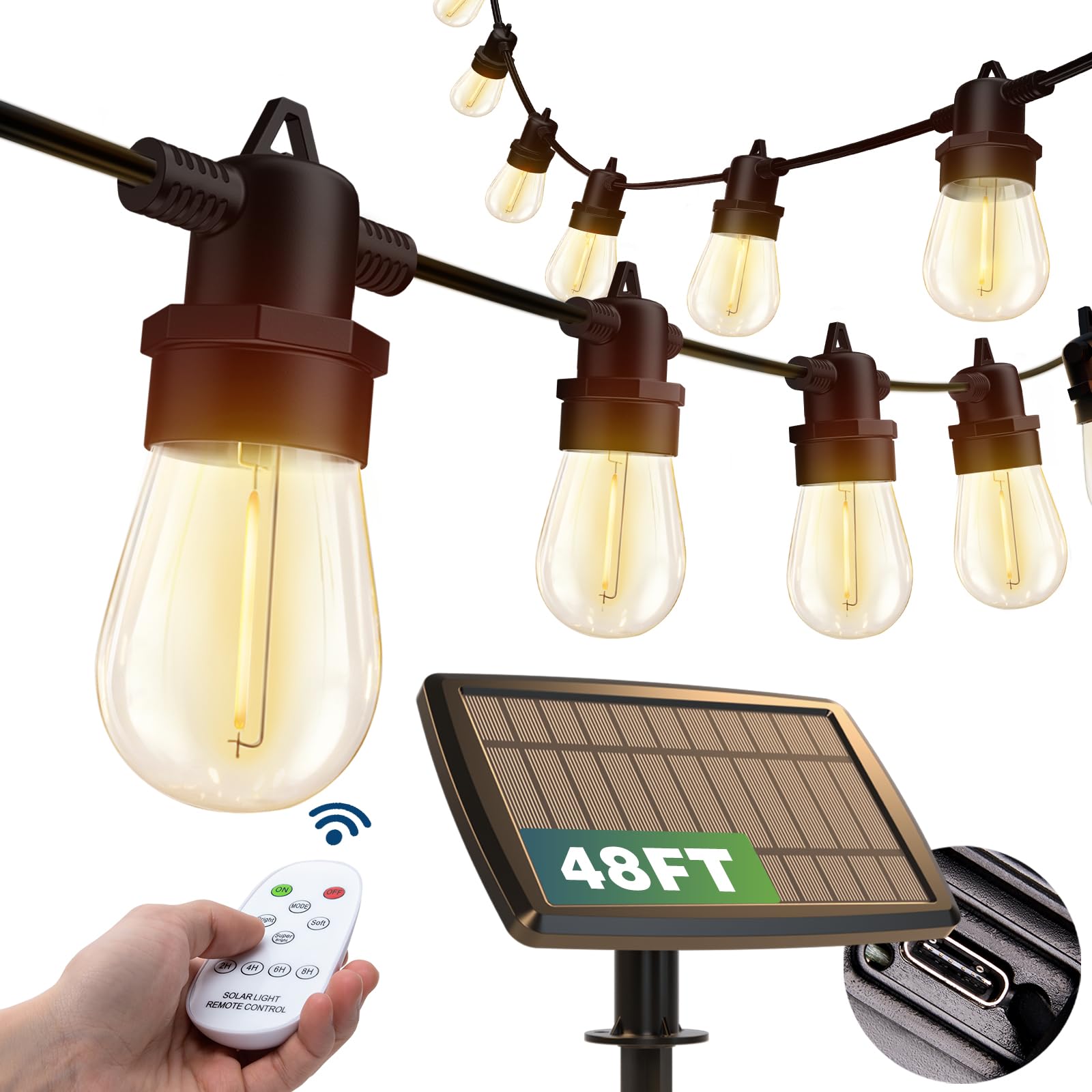 addlon 48 FT Solar String Lights Outdoor Waterproof with Remote&USB ...