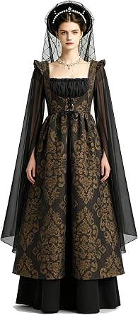 Renaissance Tudor Queen Dress Black Embroidery Ball Gown