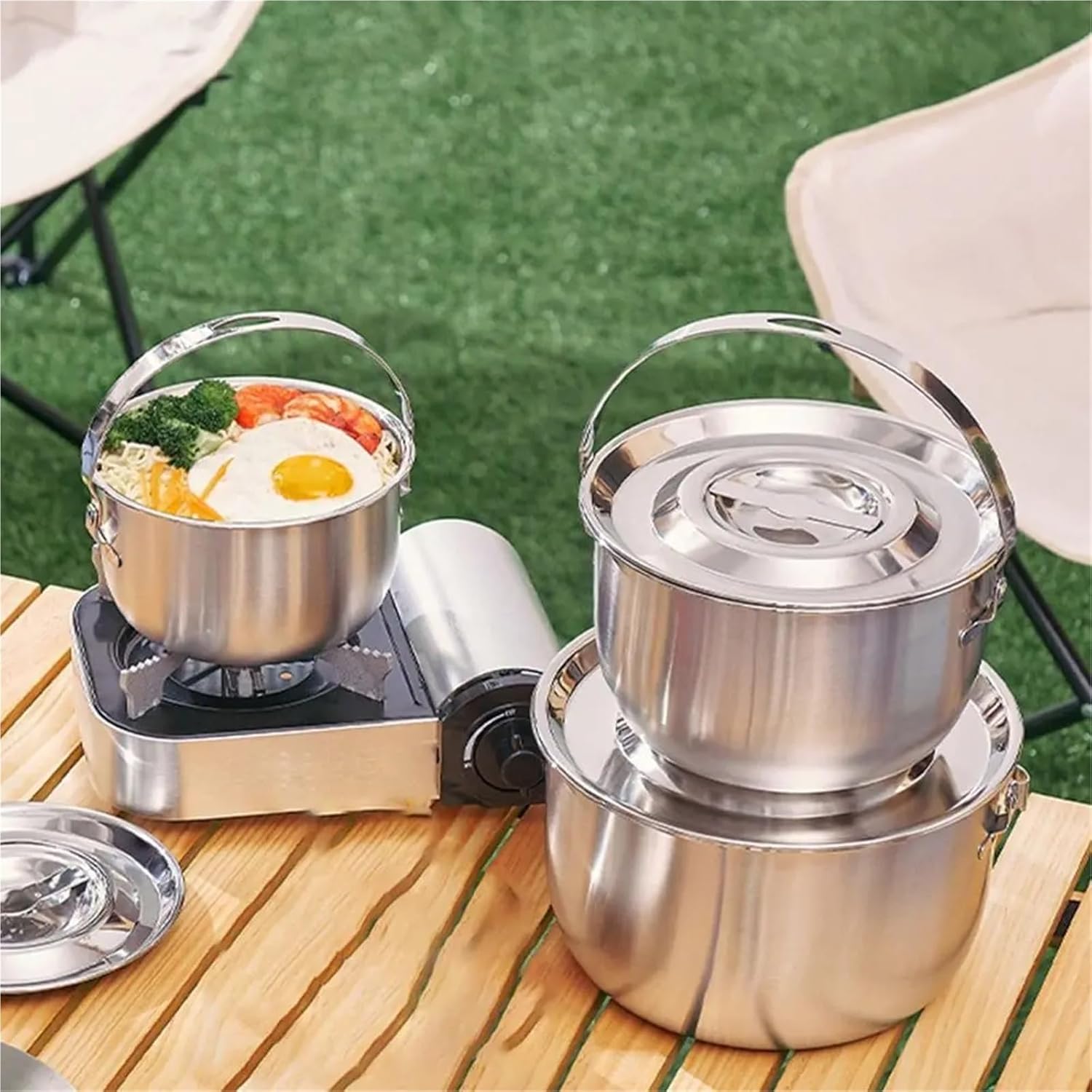 17-26cm Stainless Steel Hanging Camping Pot – Multifunctional Cookware with Handle & Lid for Outdoor Use